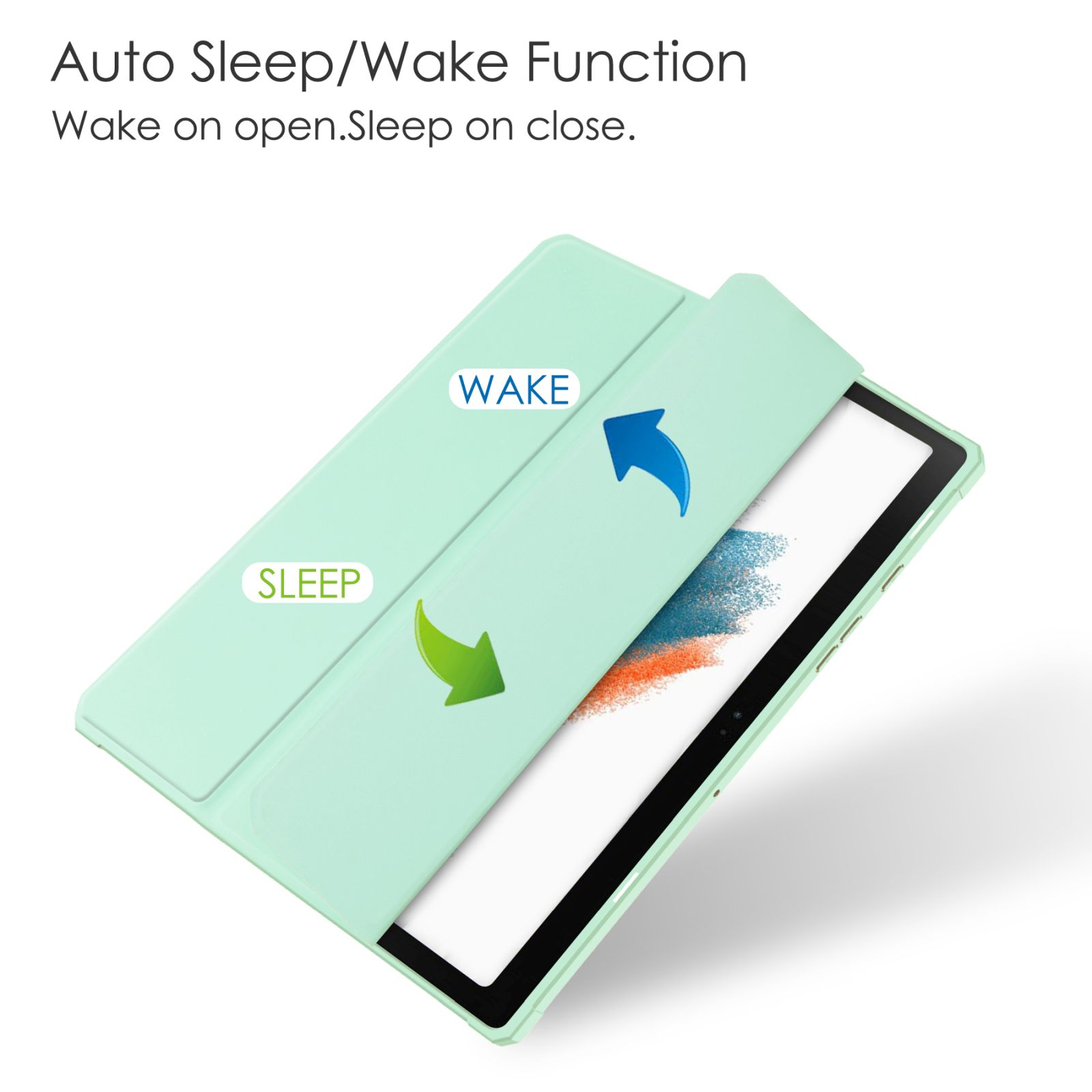 Minzgrüne Tablet-Hülle, die geöffnet und geschlossen ist, zeigt die Wake- und Sleep-Funktion.