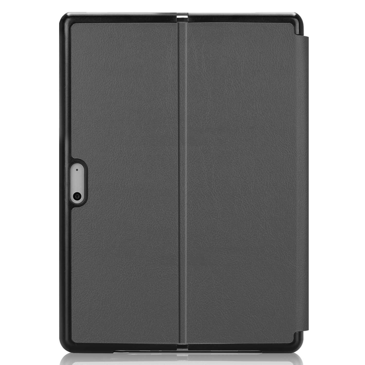 Eine Tablet-Hülle ist geschlossen und zeigt eine graue lederartige Oberfläche mit schwarzem Rahmen.