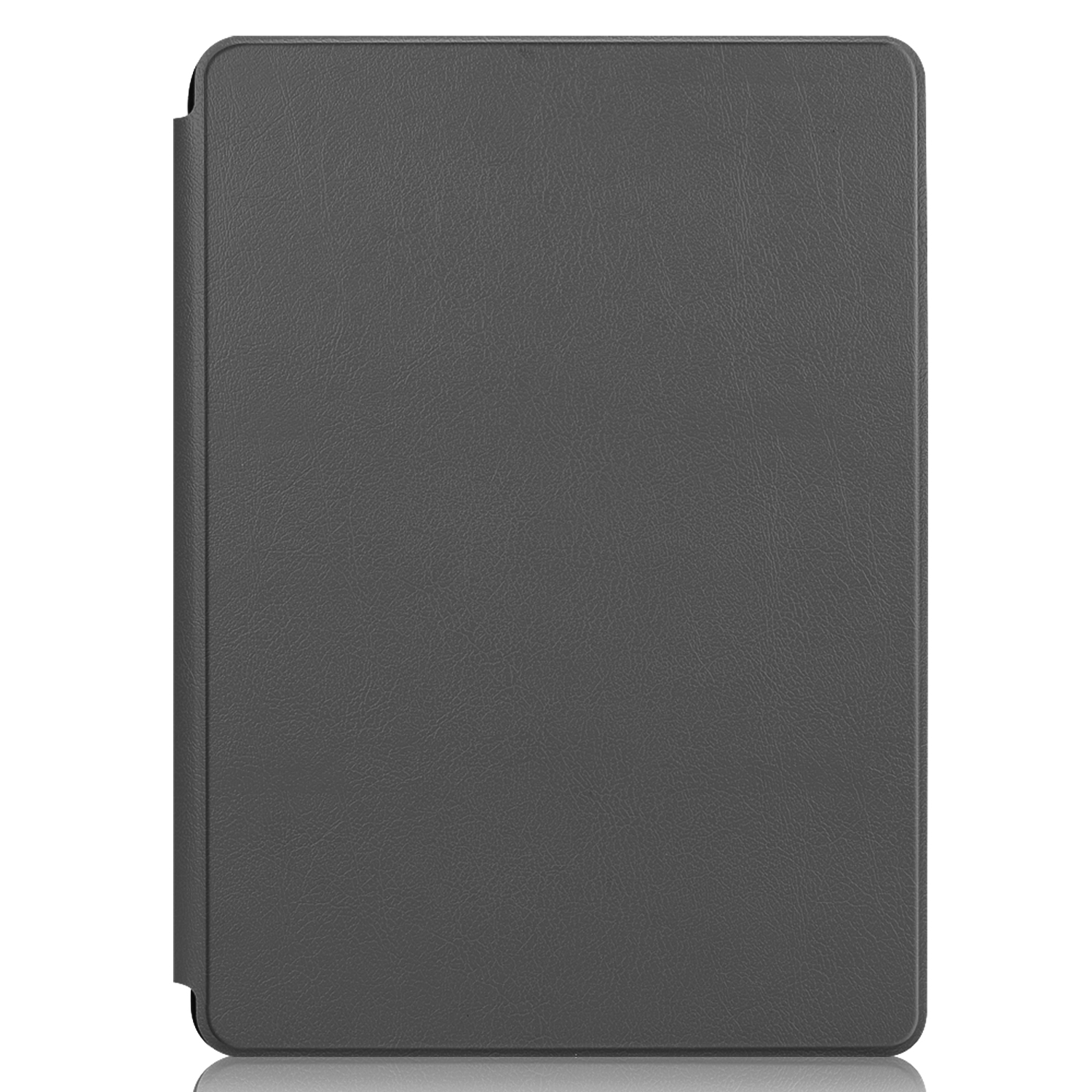 Eine geschlossene graue Tablethülle. Die Hülle ist rechteckig und schlicht auf weißem Hintergrund.