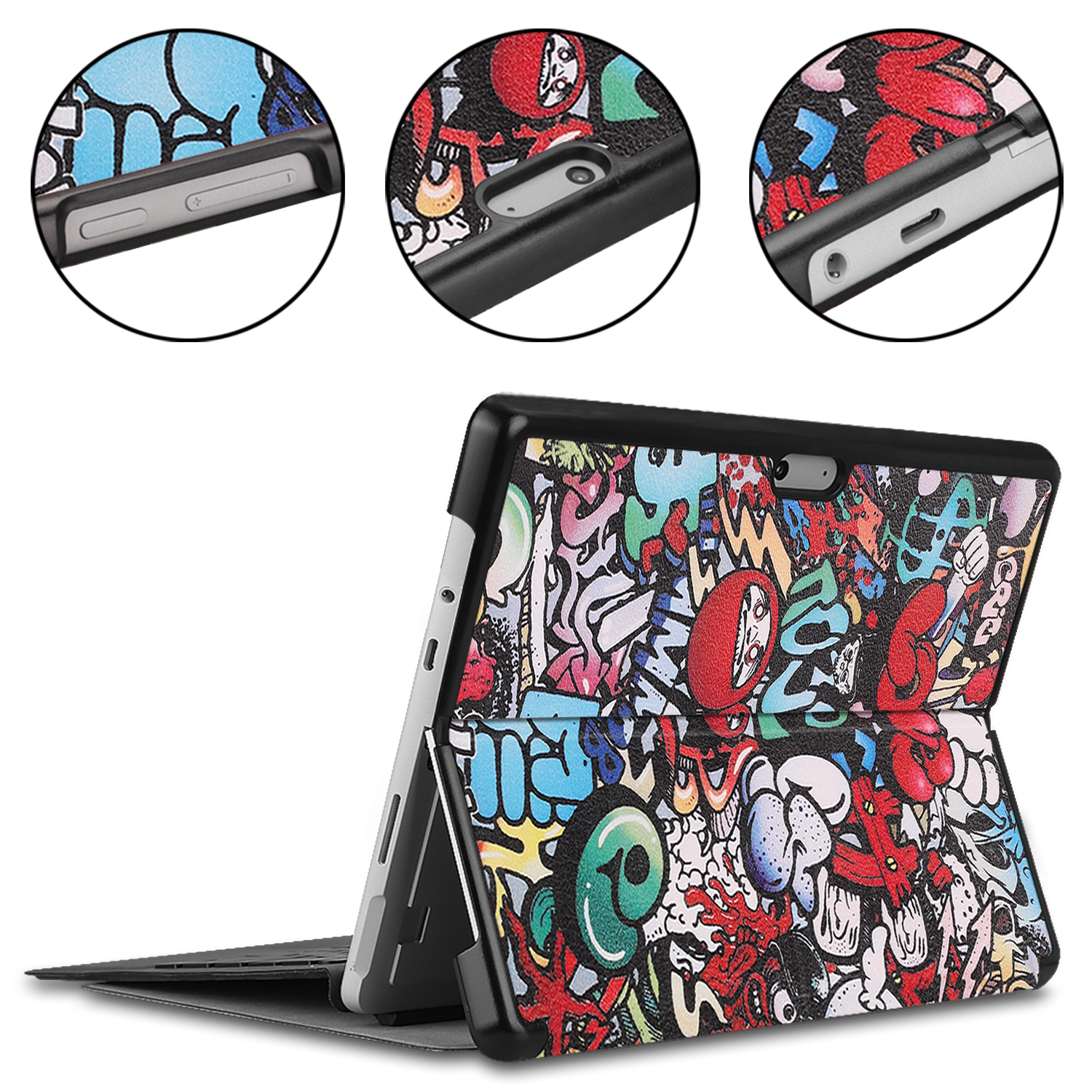 Tablethülle mit bunter Graffiti-Kunst. Details des Gehäuses werden in Nahaufnahmen gezeigt.
