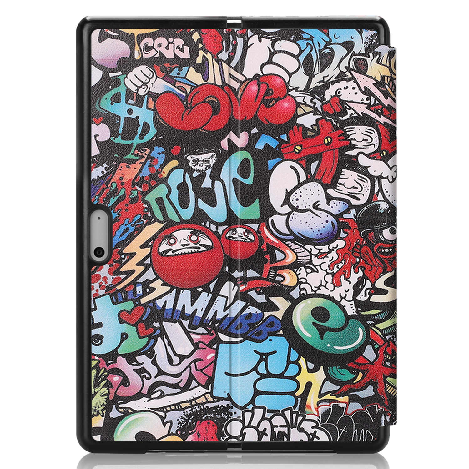 Tablet-Hülle mit Graffiti-Design und schwarzem Rahmen. Der Einband hat Graffiti-Kunst.