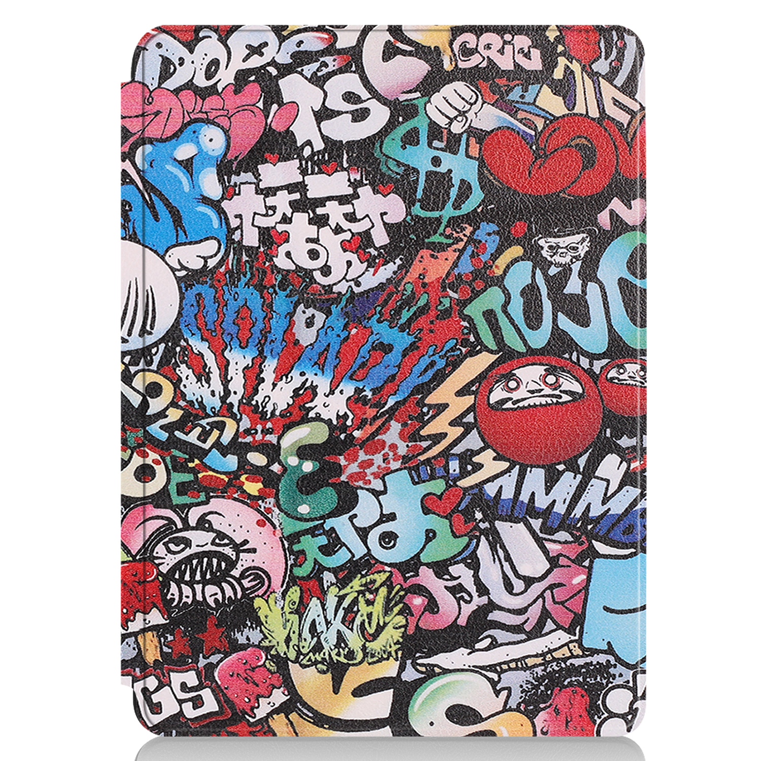 Eine Tablet-Hülle mit Graffiti-Kunst bedeckt, mit bunten Buchstaben und Designs.