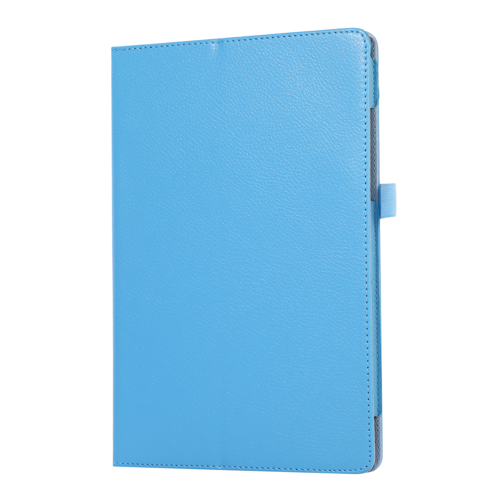 Hellblaue Tablet-Hülle, geschlossen. Mit strukturierter Oberfläche und Verschluss.