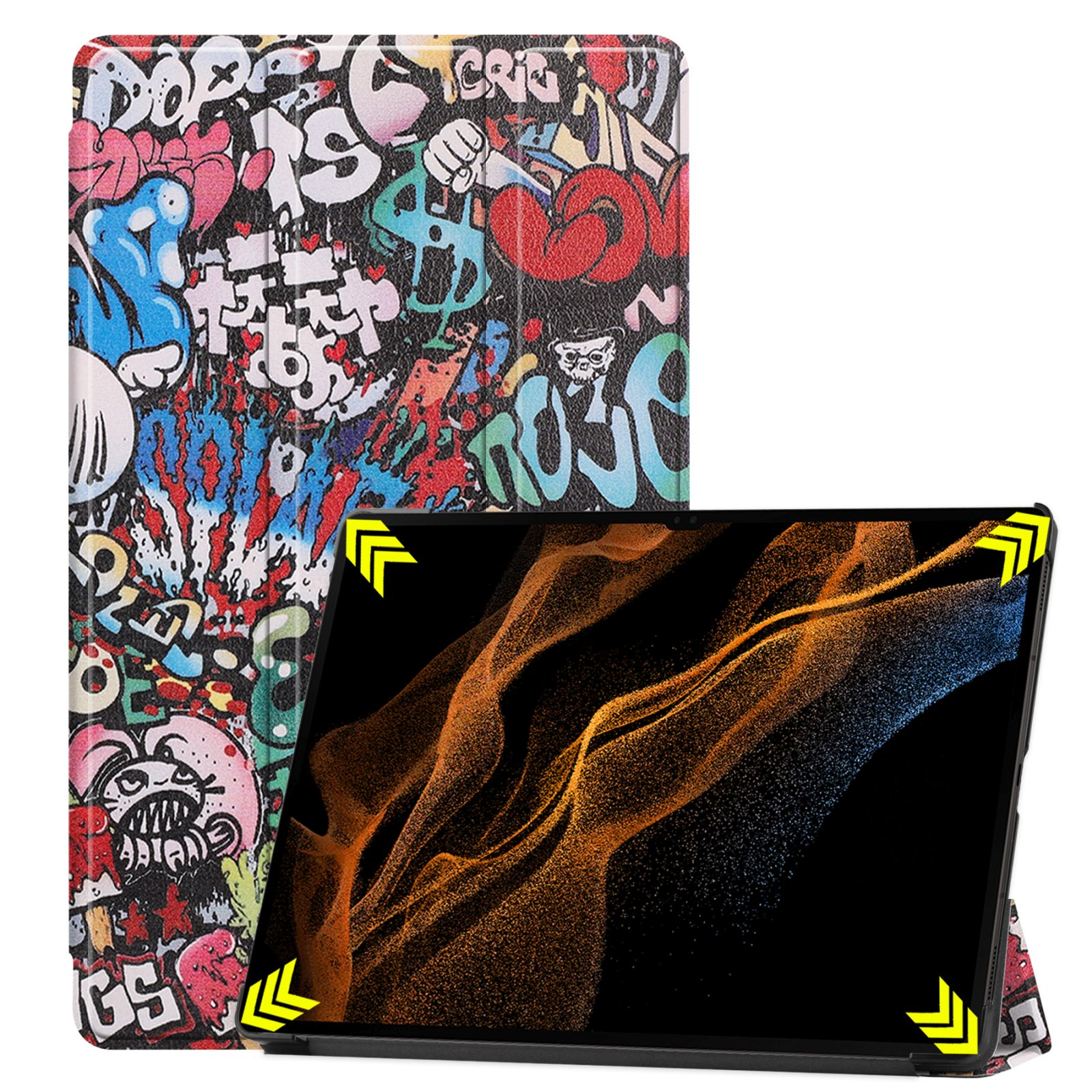 Tablethülle mit Graffiti-Kunst und ein Tablet mit schwarzem Bildschirm.