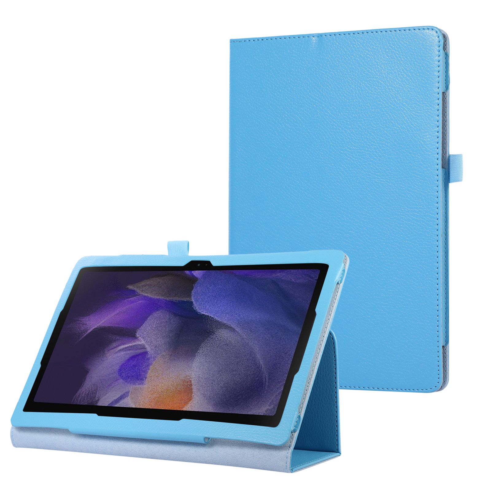 Blaue Tablethülle, geöffnet. Das Tablet befindet sich in der Hülle. Die Hülle liegt auf einer weißen Oberfläche.