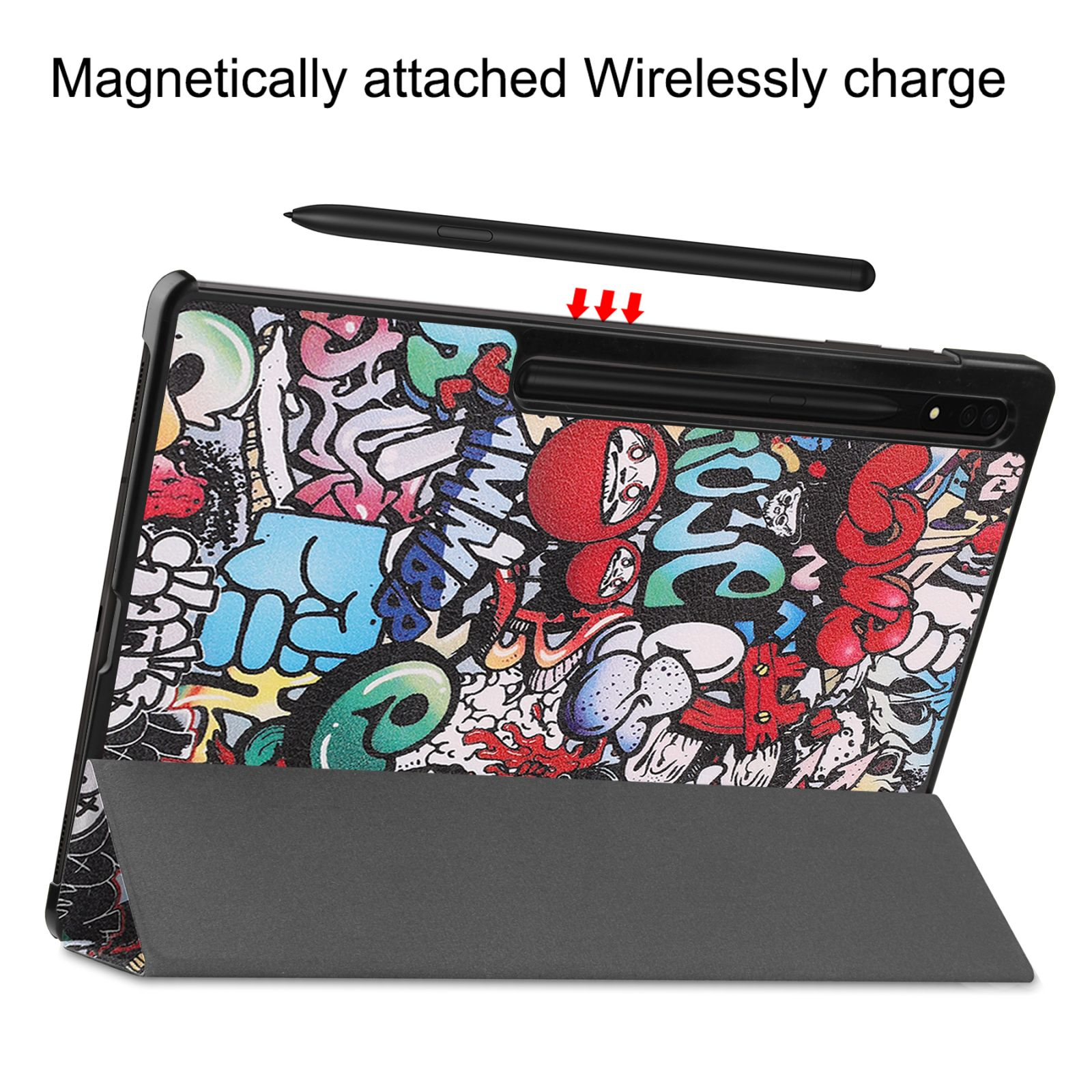 Tablet-Hülle mit Graffiti-Design, darüber ein schwarzer Stift. Die Hülle ist geöffnet, Hintergrund ist weiß.
