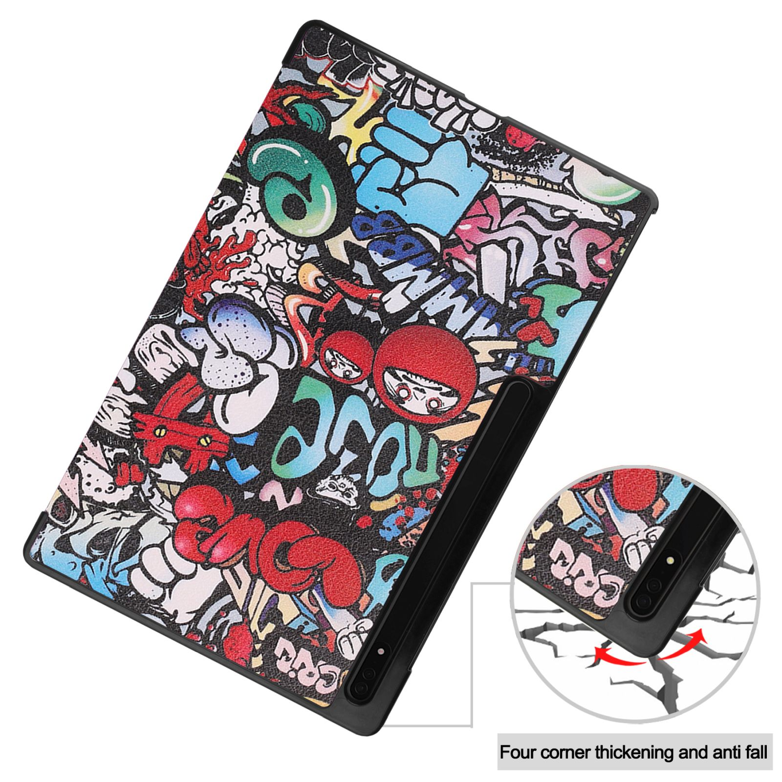Eine Tablet-Hülle mit Graffiti-Kunst auf der Außenseite und einem Teil des Tablets im Inneren.