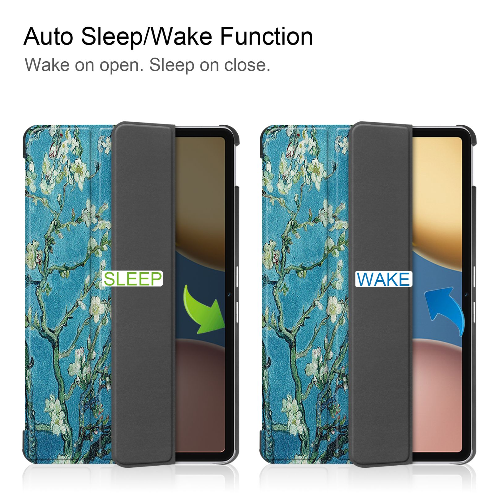 Zwei Tablethüllen, die Schlaf- und Weckfunktionen zeigen. Das Design zeigt florale Muster.