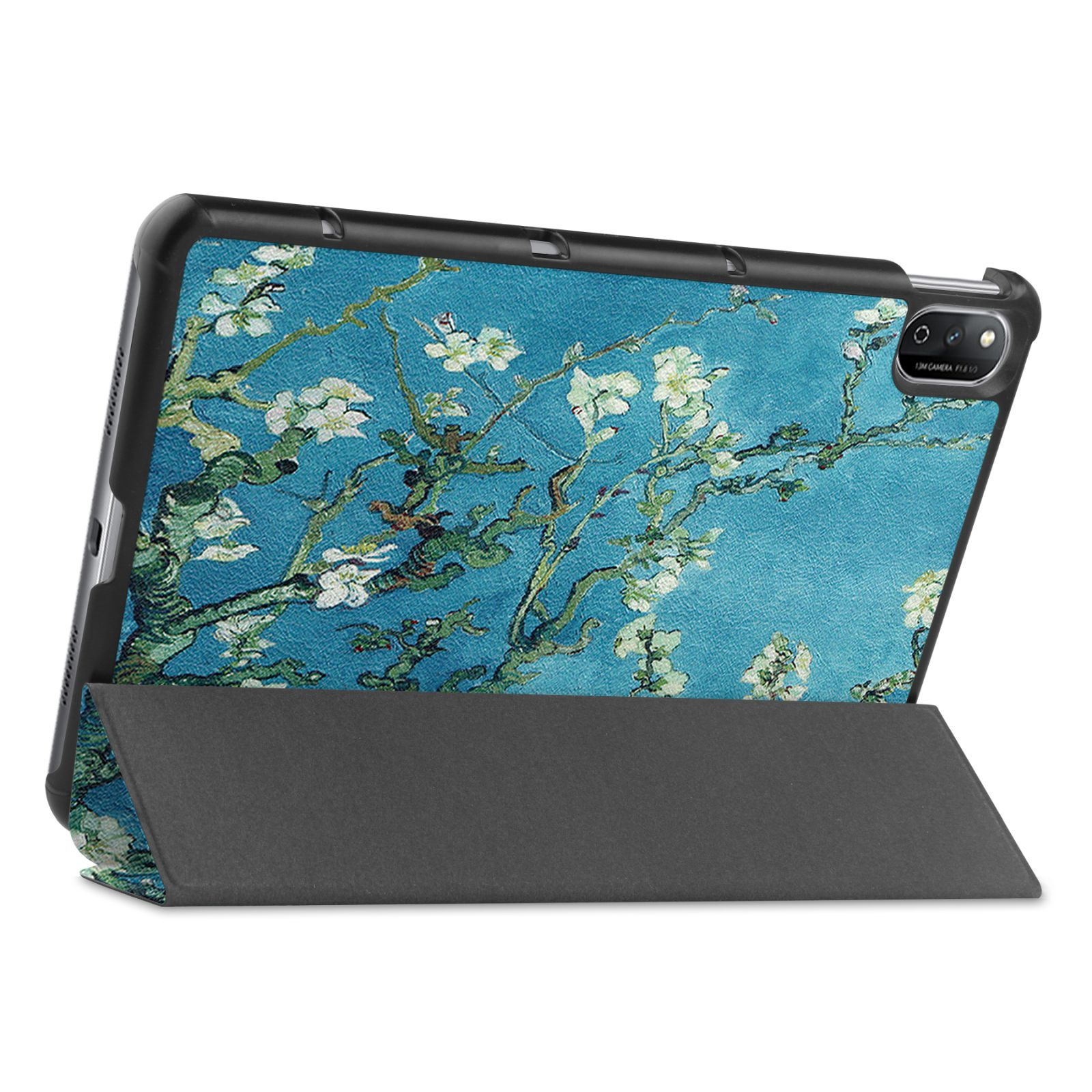 Tablet in einer Hülle mit blauem Blumendesign. Die Hülle ist offen. Der Hintergrund ist weiß.
