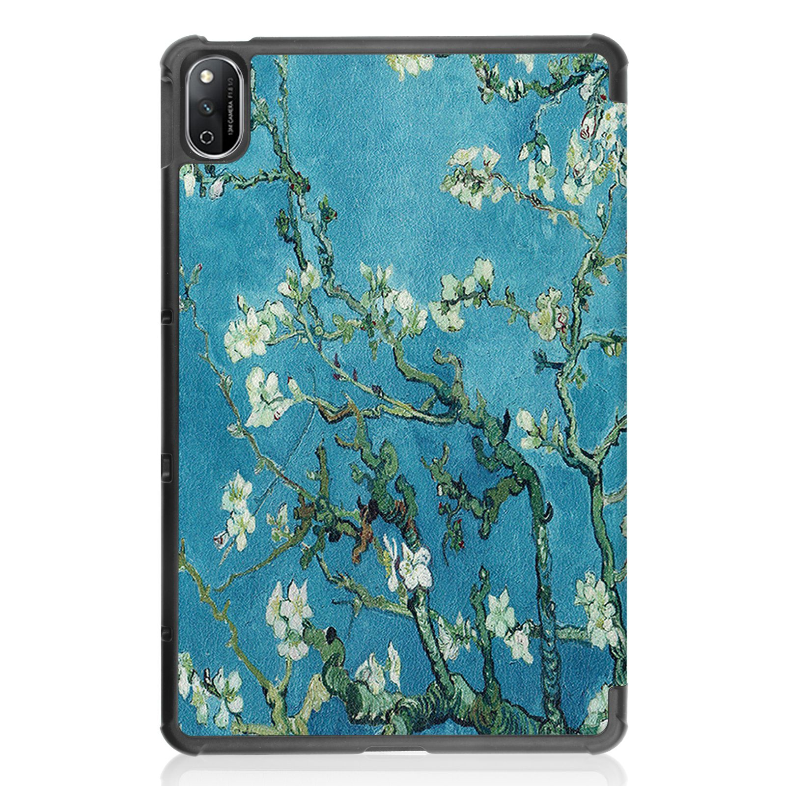 Tablethülle mit einem Gemälde von blühenden Zweigen auf blauem Hintergrund.