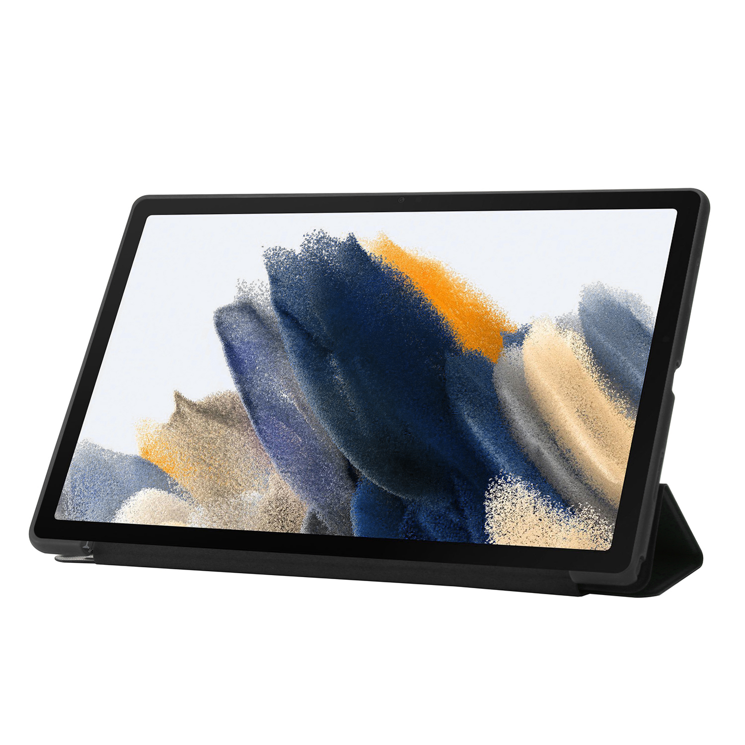 Ein schwarzes Tablet in einer Hülle. Das Tablet zeigt ein farbenfrohes abstraktes Kunstwerk.