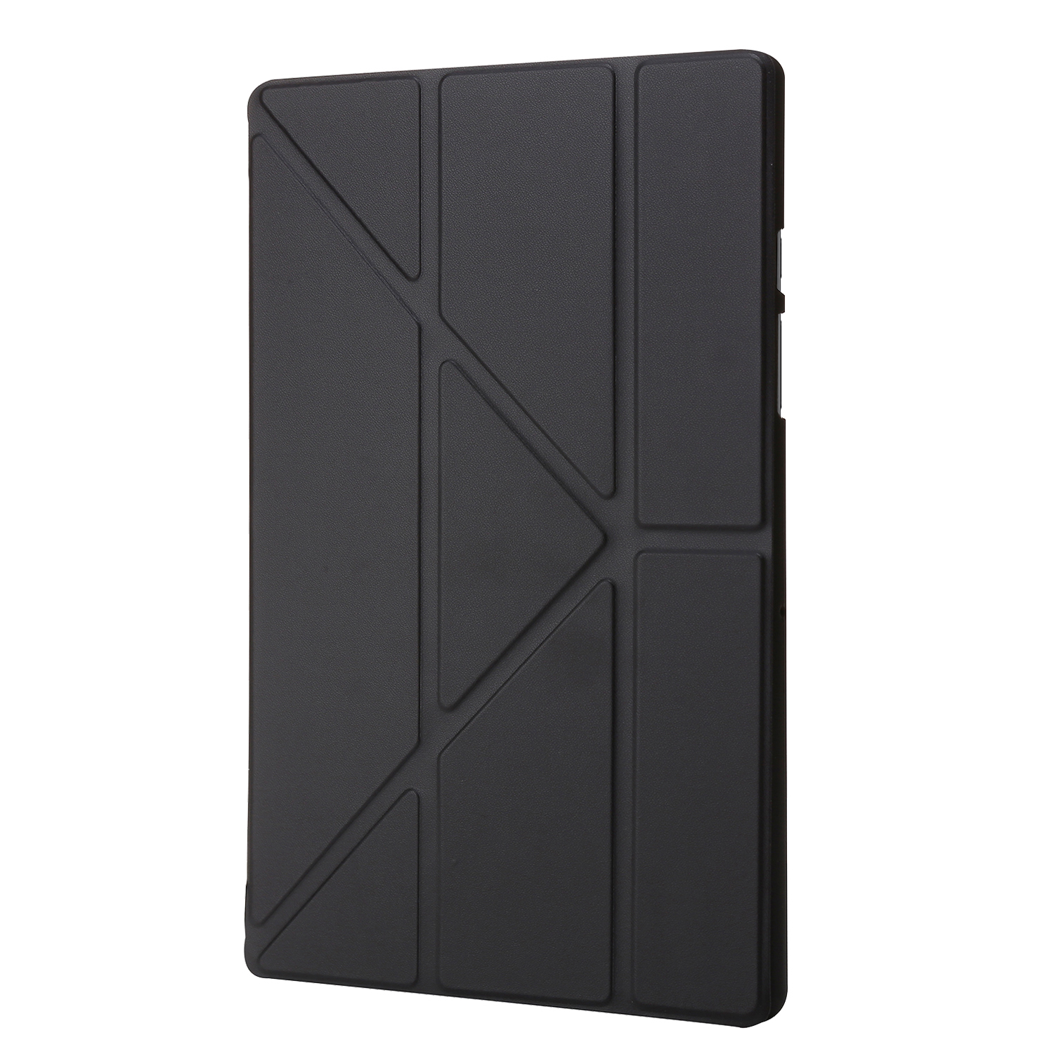 Schwarze Tablet-Hülle mit geometrischem Design. Die Hülle ist geschlossen.