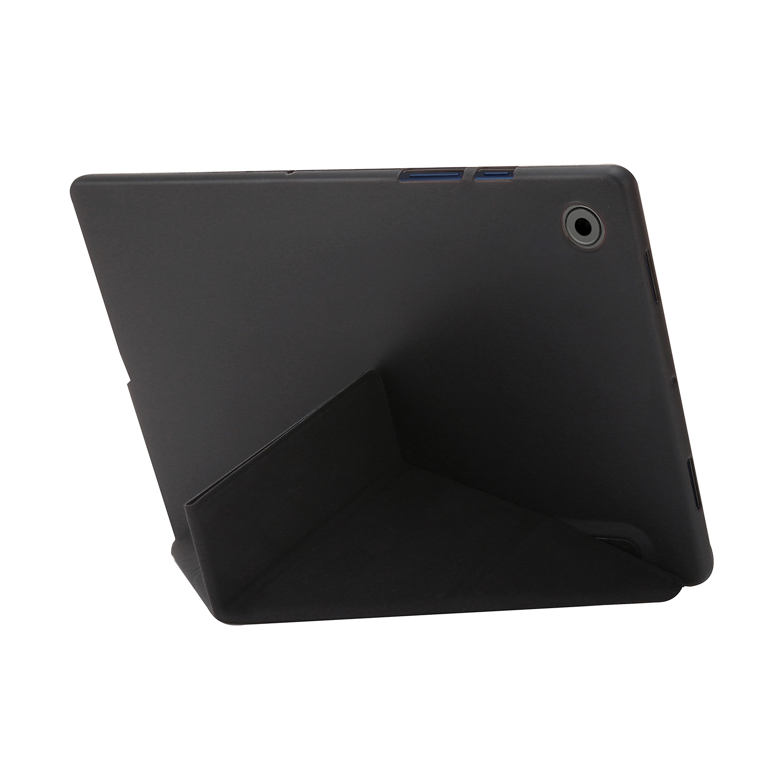 Ein schwarzes Tablet in einer schwarzen Hülle mit einem Ständer. Das Tablet befindet sich in gefalteter Position.
