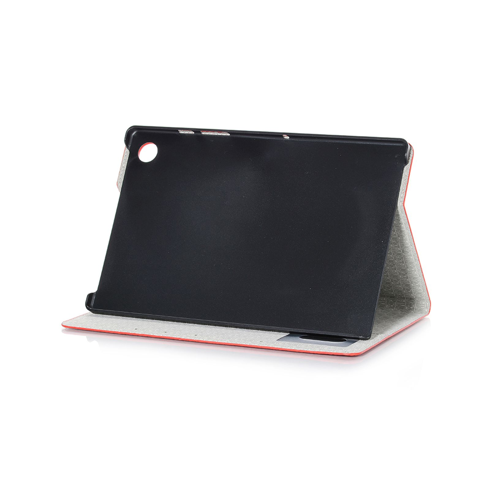 Tablet-Hülle mit schwarzem Innenraum und rotem Äußeren. Die Hülle ist geöffnet, zeigt das Innere.