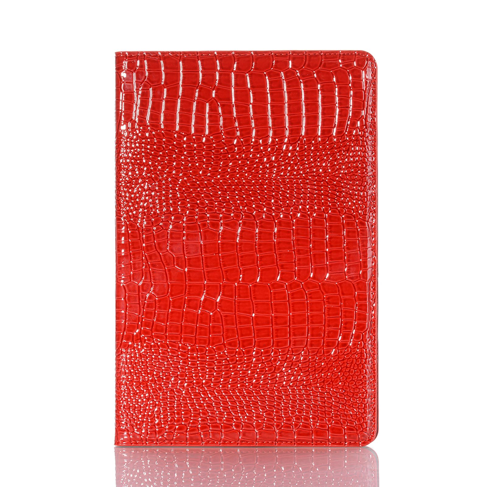 Rote Tablet-Hülle in Krokodillederoptik auf weißer Oberfläche. Rechteckig, strukturierte Oberfläche.