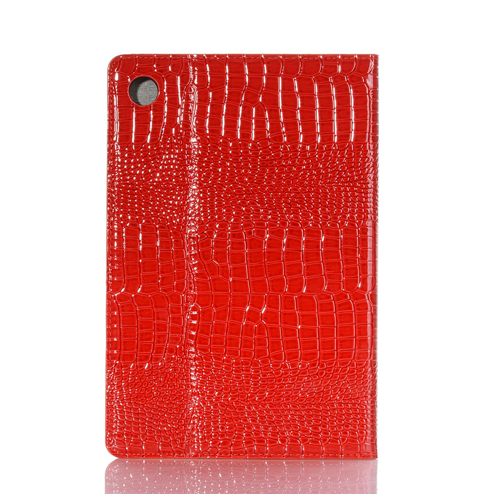 Eine rote Tablet-Hülle mit Krokodiltextur. Die Textur ist sichtbar.