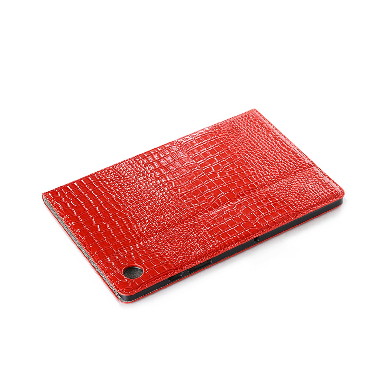 Eine rote Tablet-Hülle mit Krokodilhautmuster auf weißem Hintergrund. Die Hülle ist leicht geöffnet.