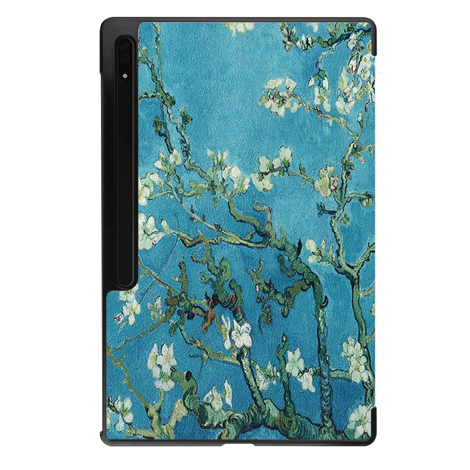Tablet-Hülle mit einem Gemälde im Van-Gogh-Stil von blühenden Zweigen auf blauem Hintergrund.