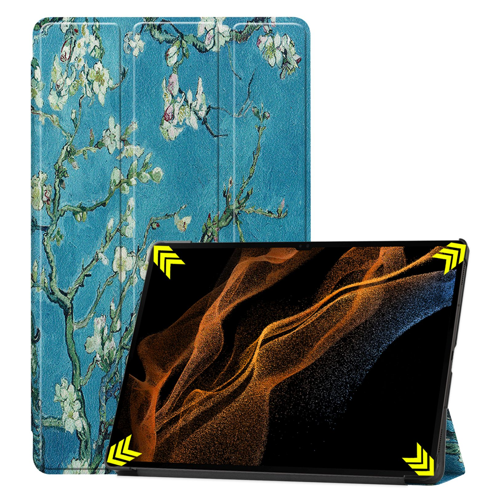 Tablet mit floralem Etui und ein Tablet mit Display auf einem Ständer.