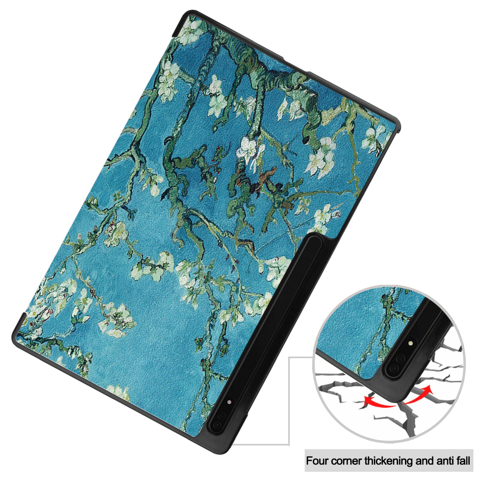 Tablet-Hülle mit Blumenmuster. Schwarzer Rahmen.