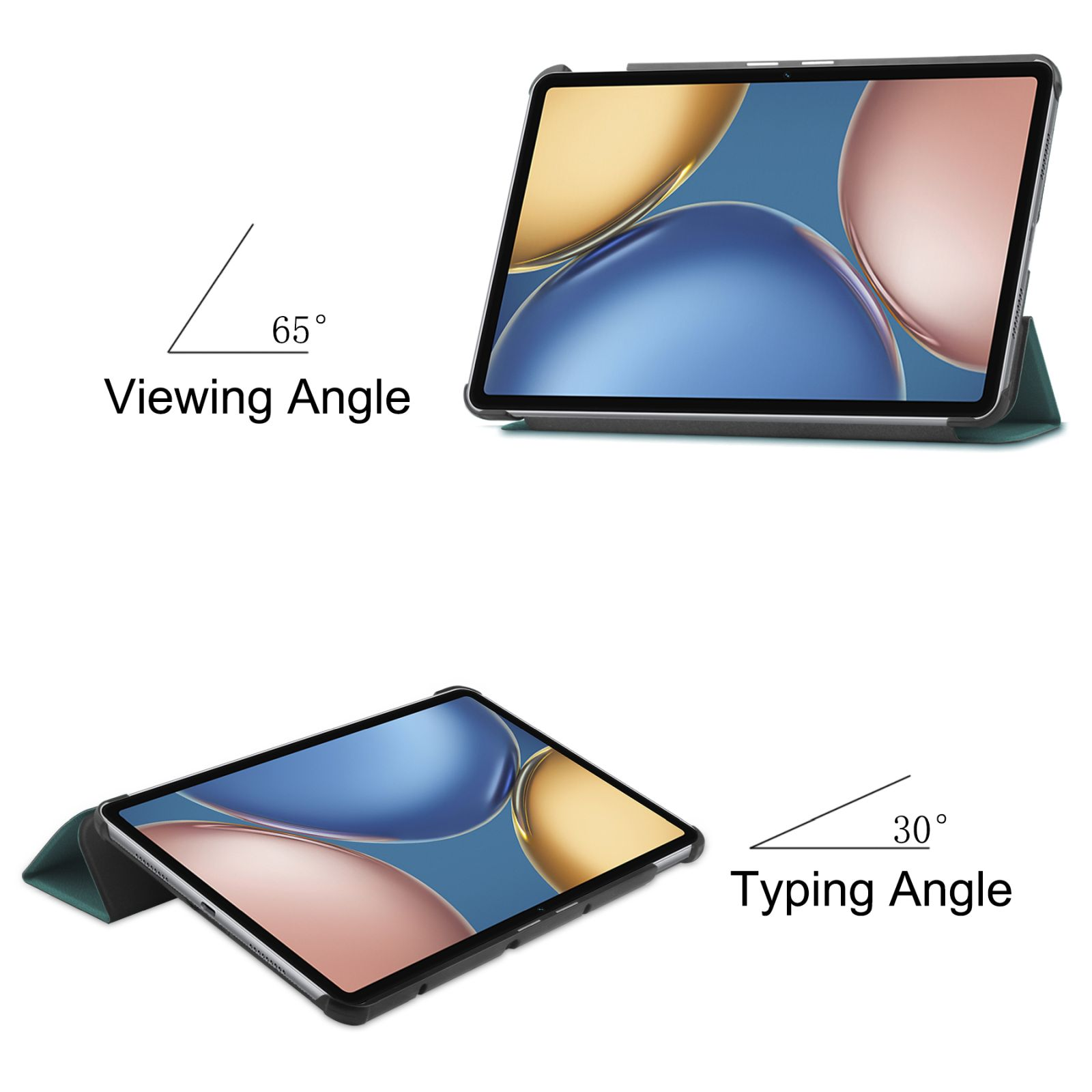 Zwei Tablets in einer dunkelgrünen Hülle, dargestellt in 65° Betrachtungs- und 30° Tippwinkel.