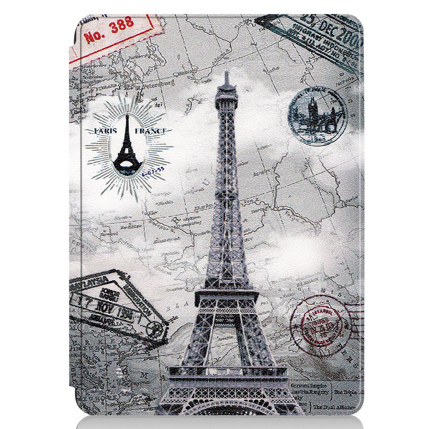 Tablethülle mit Eiffelturm und Karte. Stempel und Karte von Paris sichtbar.