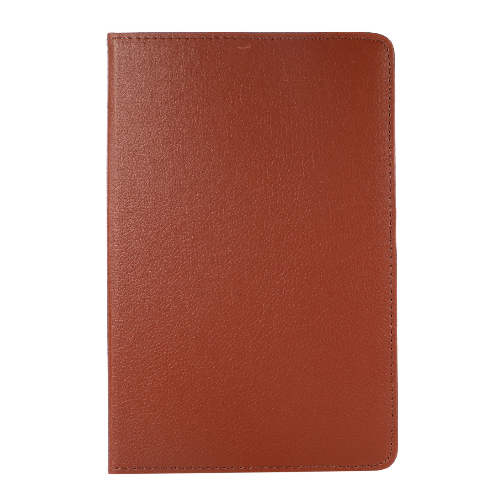 Eine geschlossene braune Tablet-Lederhülle. Die Hülle ist glatt und hat ein schlichtes Design.