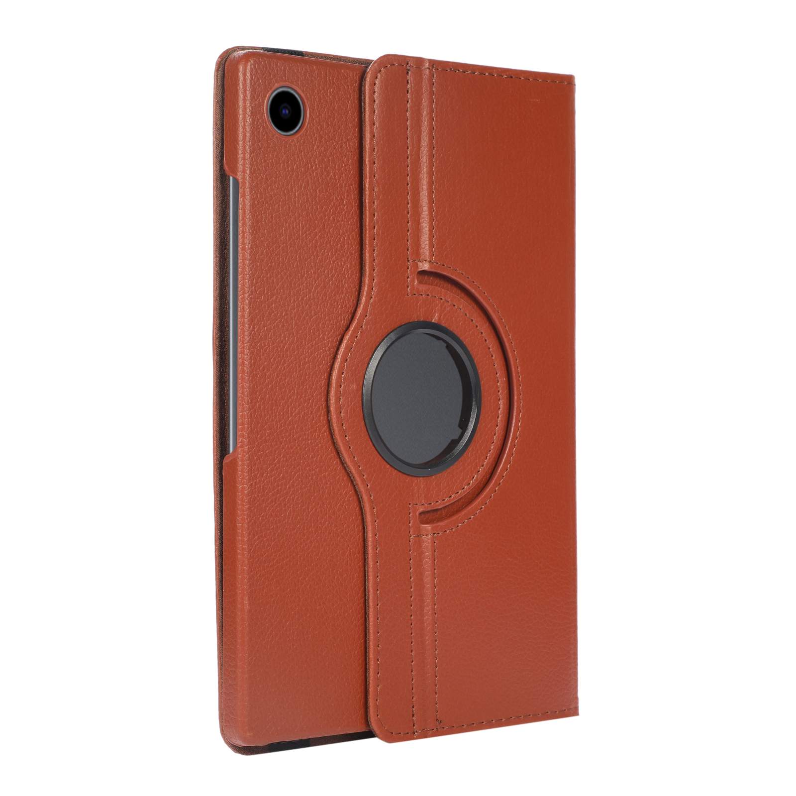 Eine braune Tablet-Hülle wird von der Seite gezeigt. Die Hülle ist offen und zeigt eine Drehfunktion und ein Tablet.