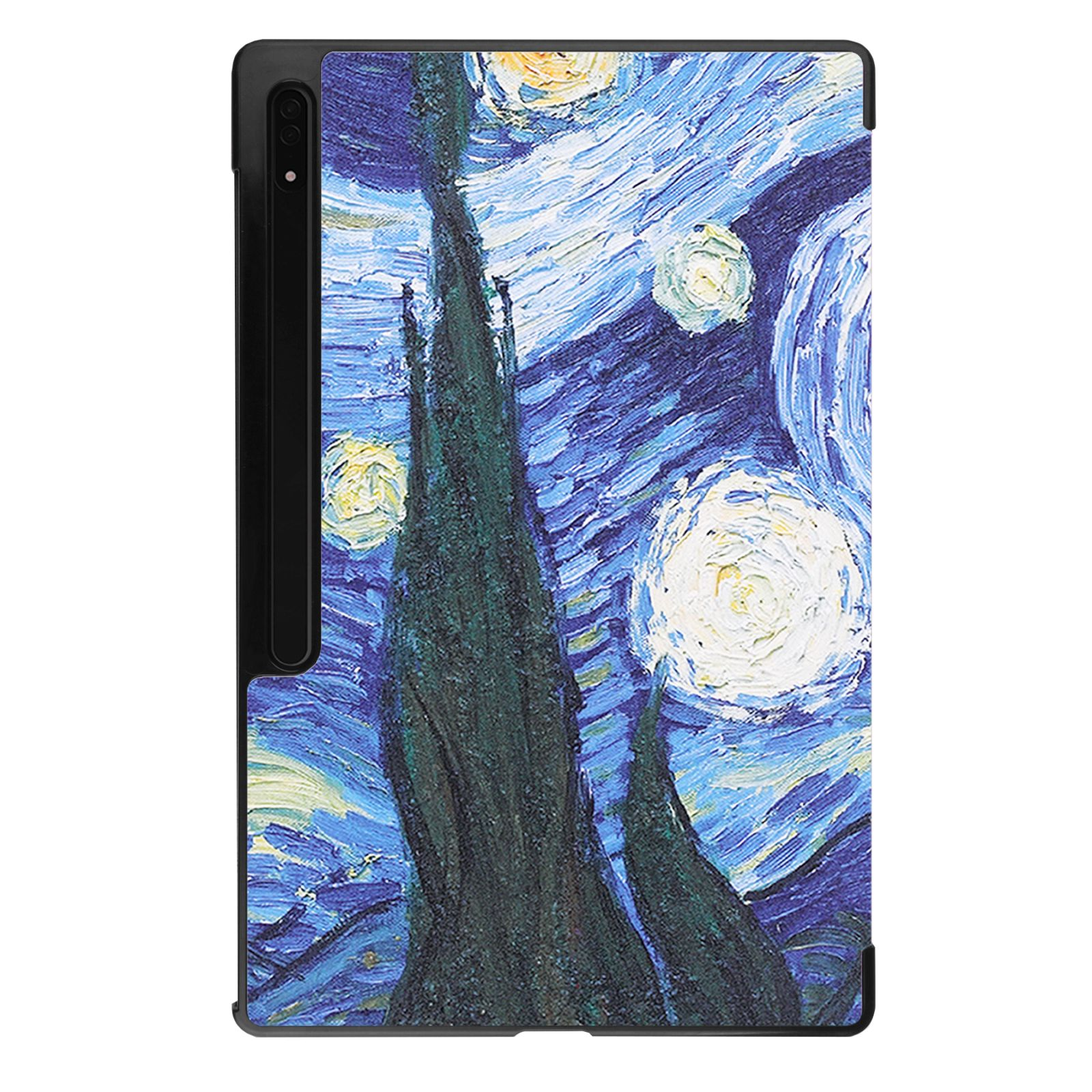 Eine Tablethülle mit Van Goghs Sternennacht-Gemälde. Das Tablet ist mit der Hülle sichtbar.