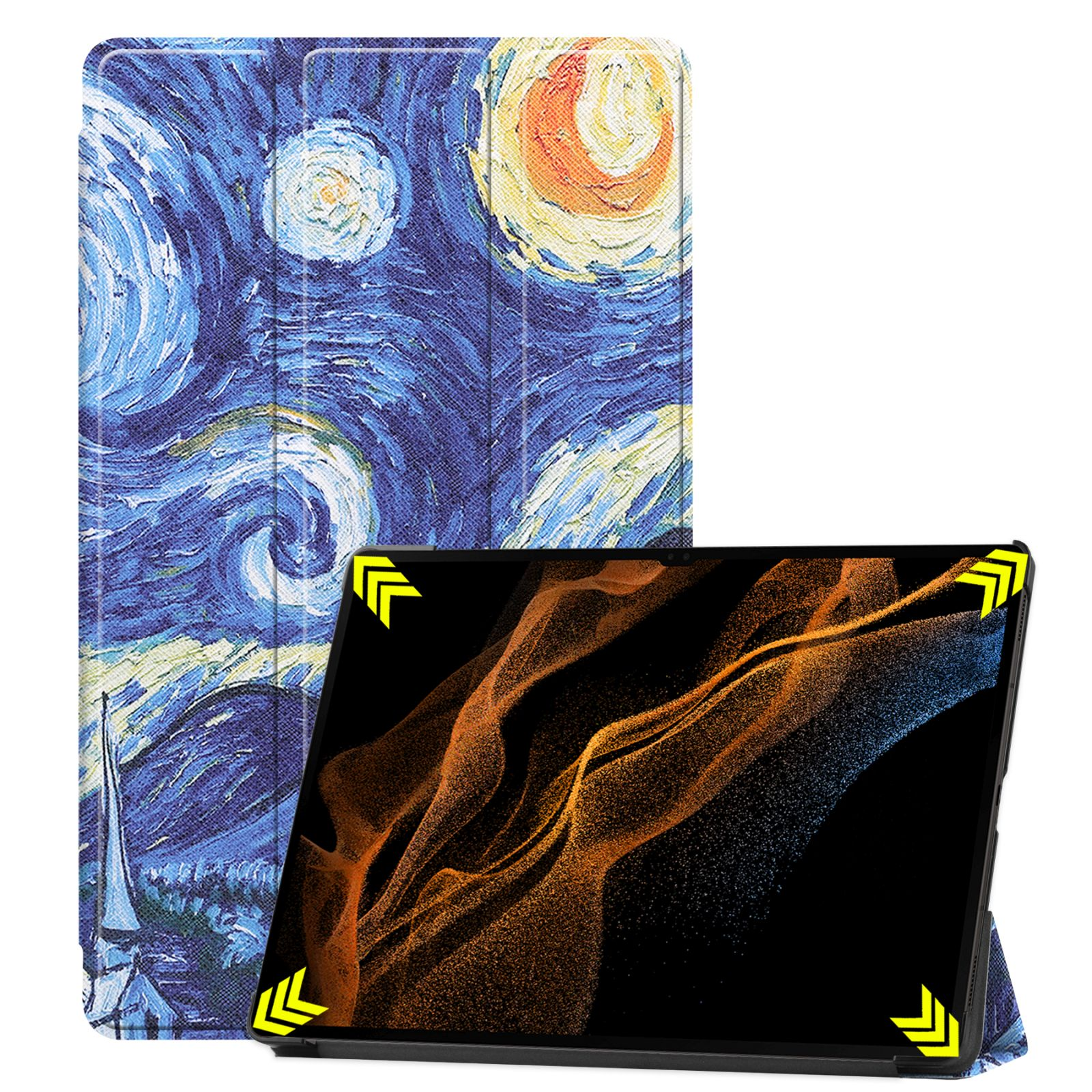 Tablet in einer Hülle mit Sternennacht-Design auf dem Cover. Schwarzer Bildschirm wird angezeigt.