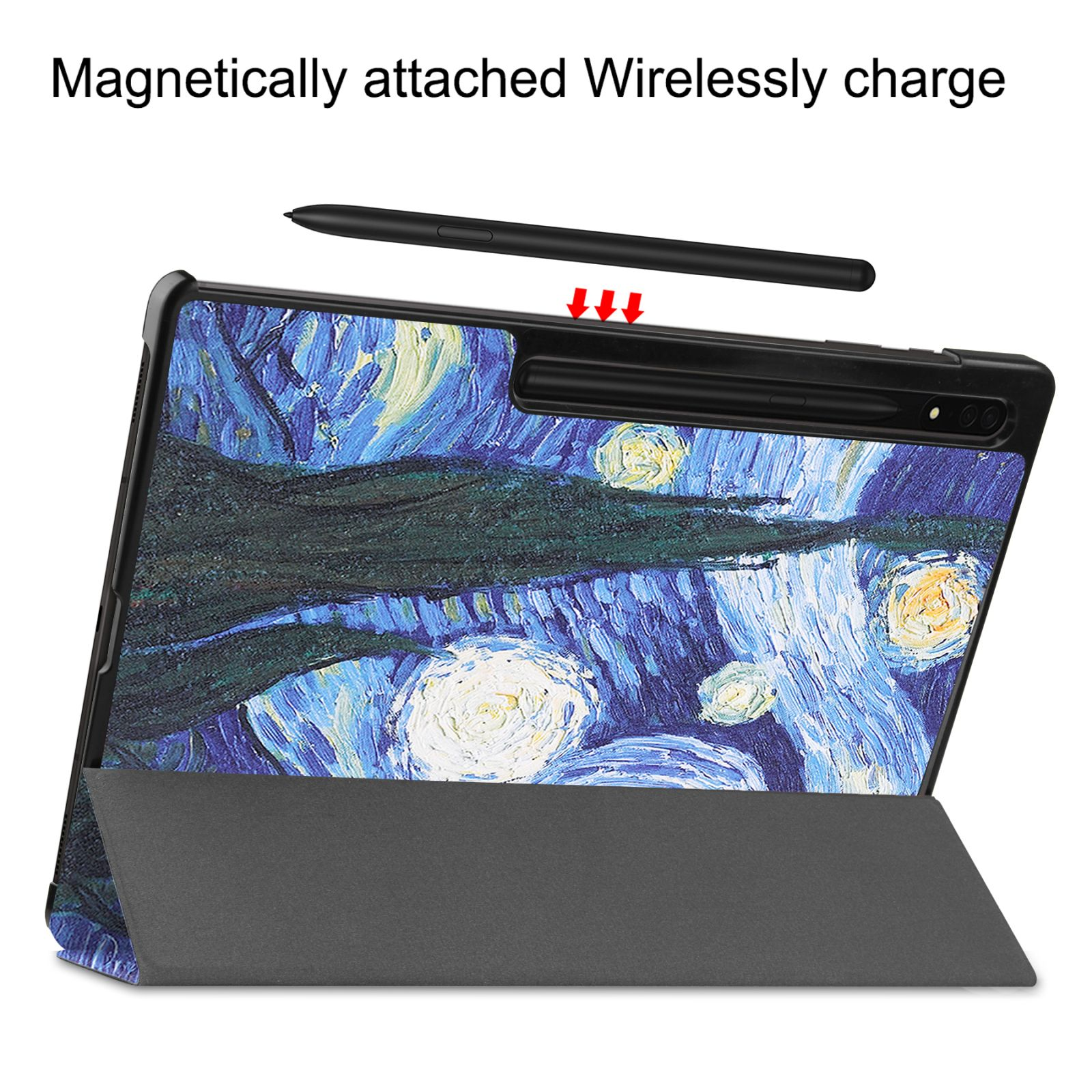 Tablethülle mit Van Goghs Sternennacht. Stift magnetisch befestigt. Geöffnete Hülle, zeigt Bildschirm mit Kunstwerk.