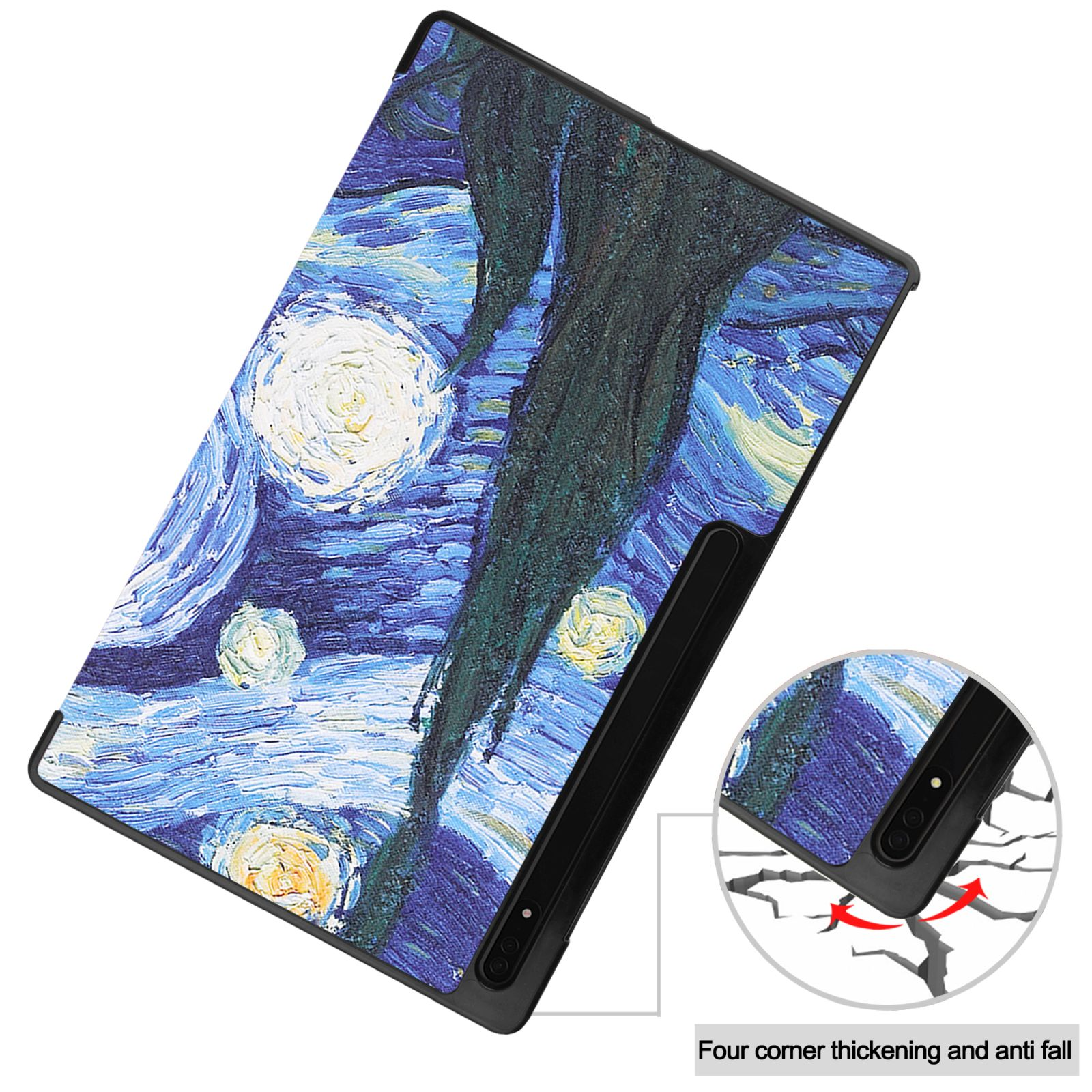 Tablet-Hülle mit Van Gogh Sternennacht-Design. Eine Ecke zeigt Merkmale zur Schadensresistenz.