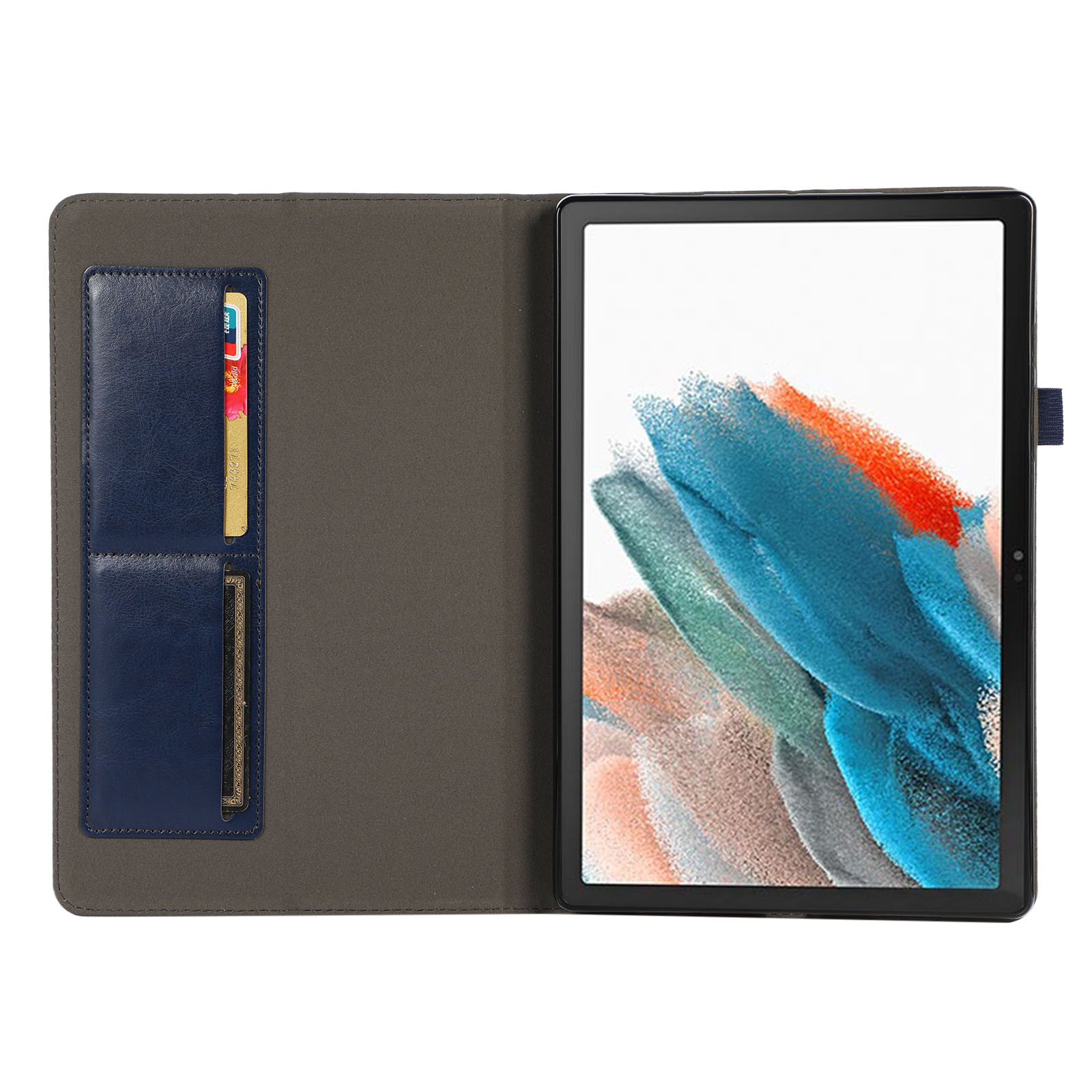 Tablet in einer grau-blauen Hülle mit Kartenfächern.