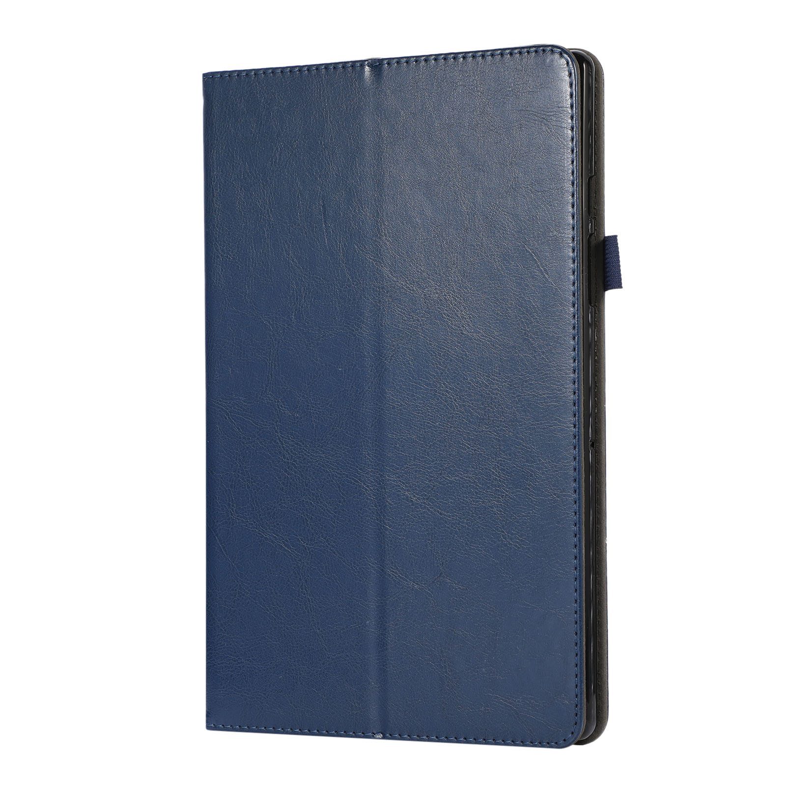 Blaue Leder-Tablettasche mit Magnetverschluss. Die Tasche steht aufrecht.