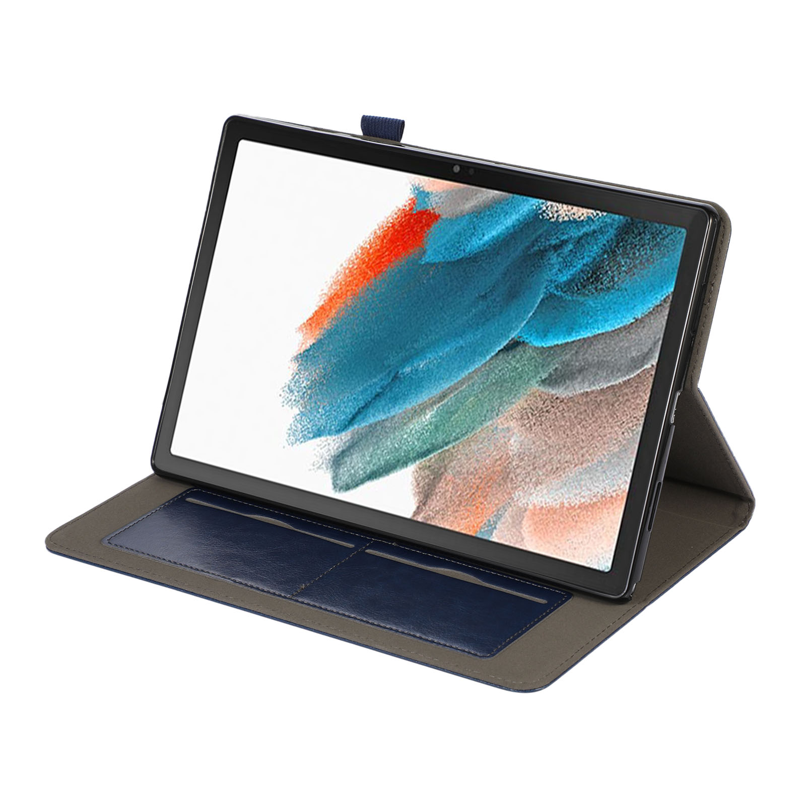 Ein Tablet in einer blau-grauen Hülle ist geöffnet, um seinen Bildschirm zu zeigen.
