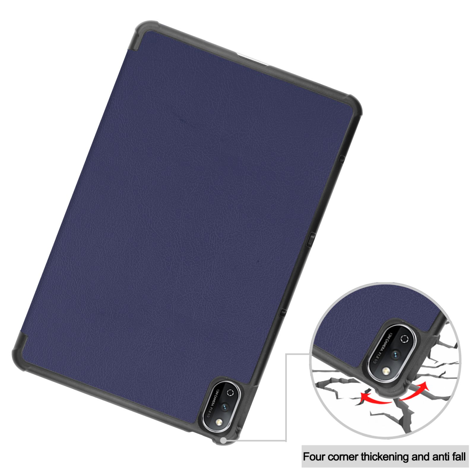 Tablet in blauer Hülle, Rückseite zeigend. Hülle hat Kamera und vier Eckenschutz.
