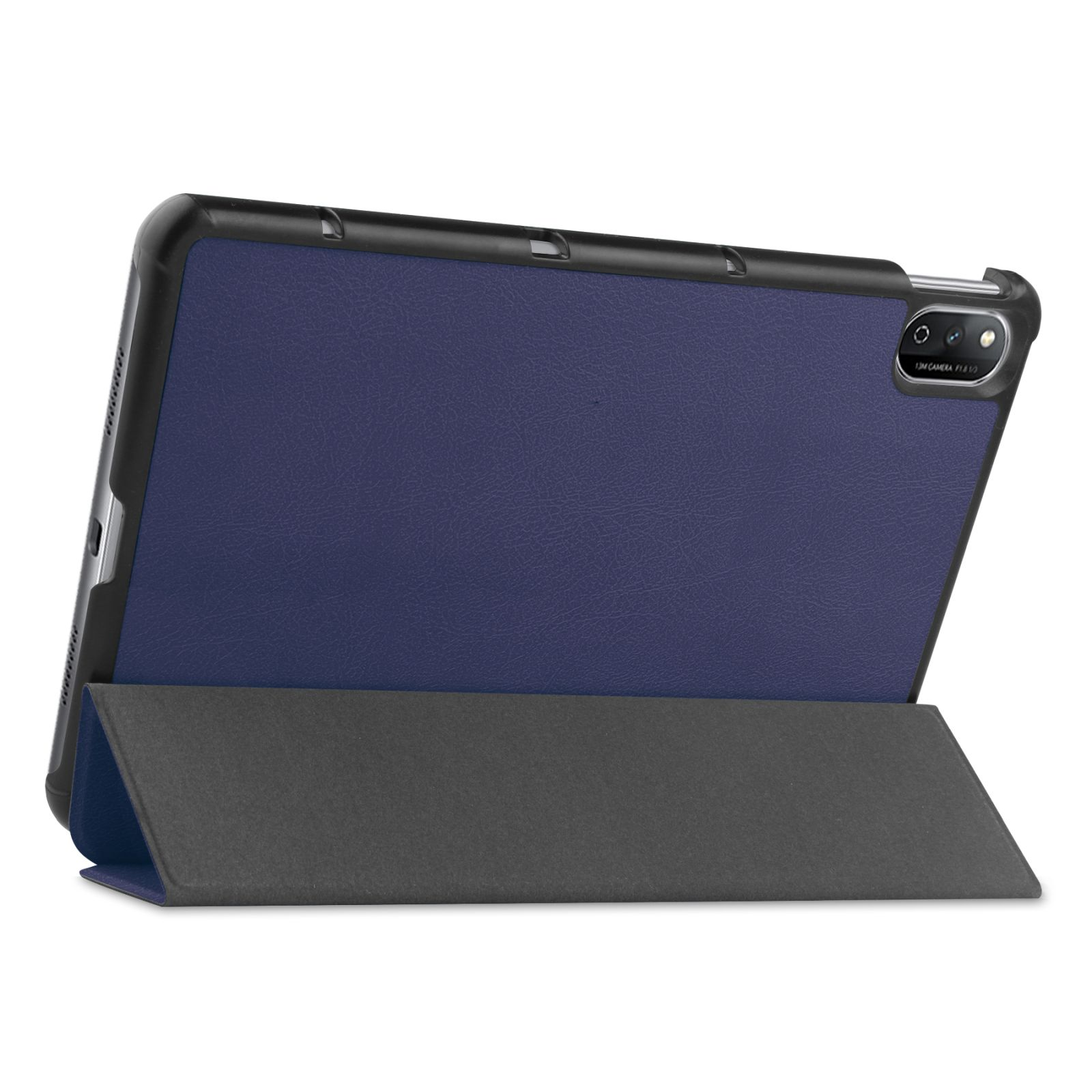 Eine Tablet-Hülle ist geöffnet und zeigt ein Tablet. Die Hülle ist blau und schwarz.