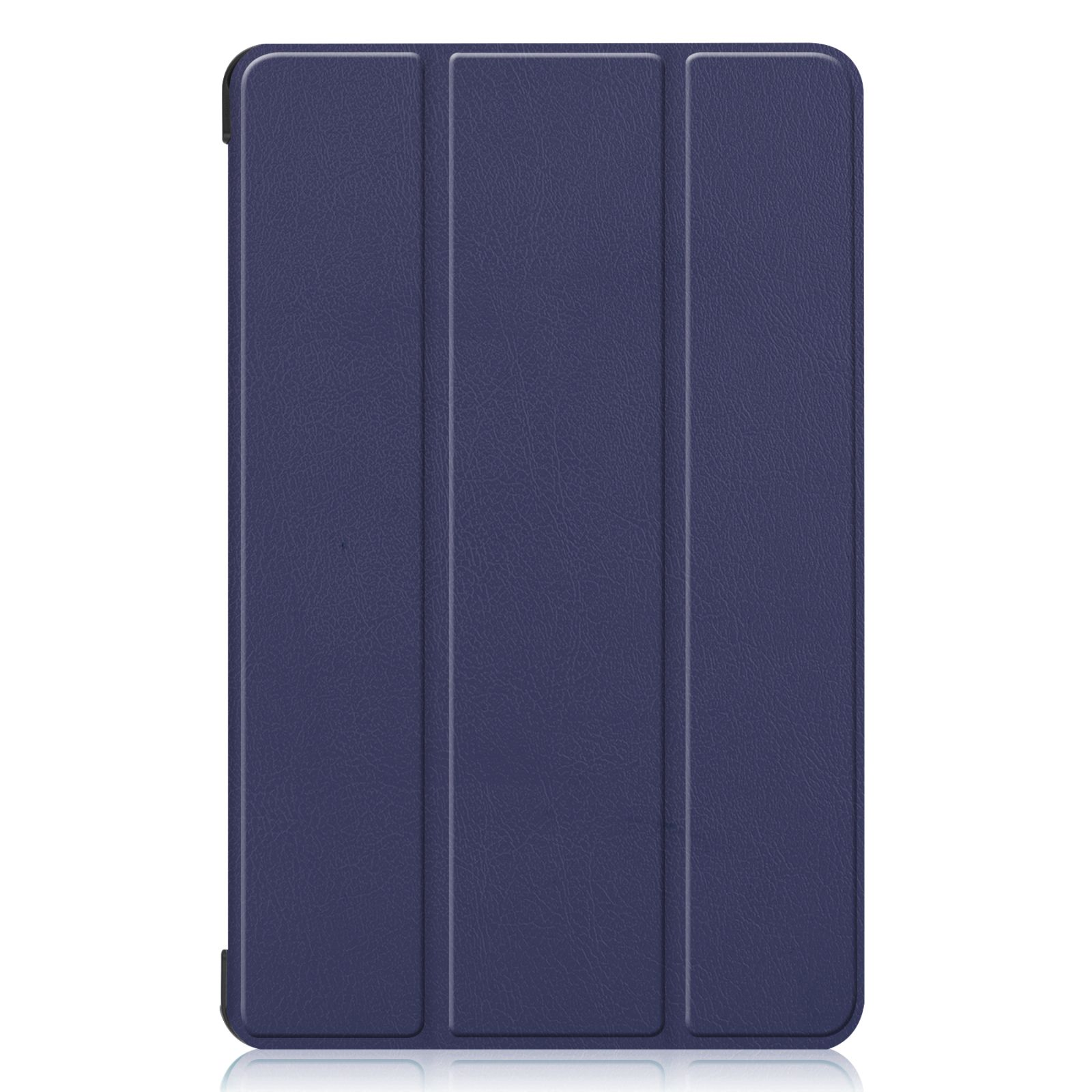 Blaues Tablet-Etui zusammengeklappt, mit weißem Hintergrund und Spiegelung.