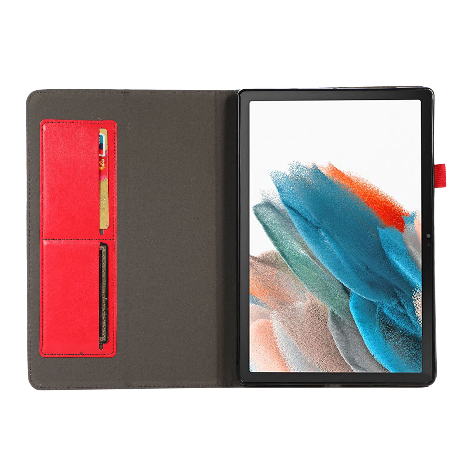 Ein Tablet in einer rot-grauen Hülle. Die Hülle hat Kartenfächer und ist geöffnet.