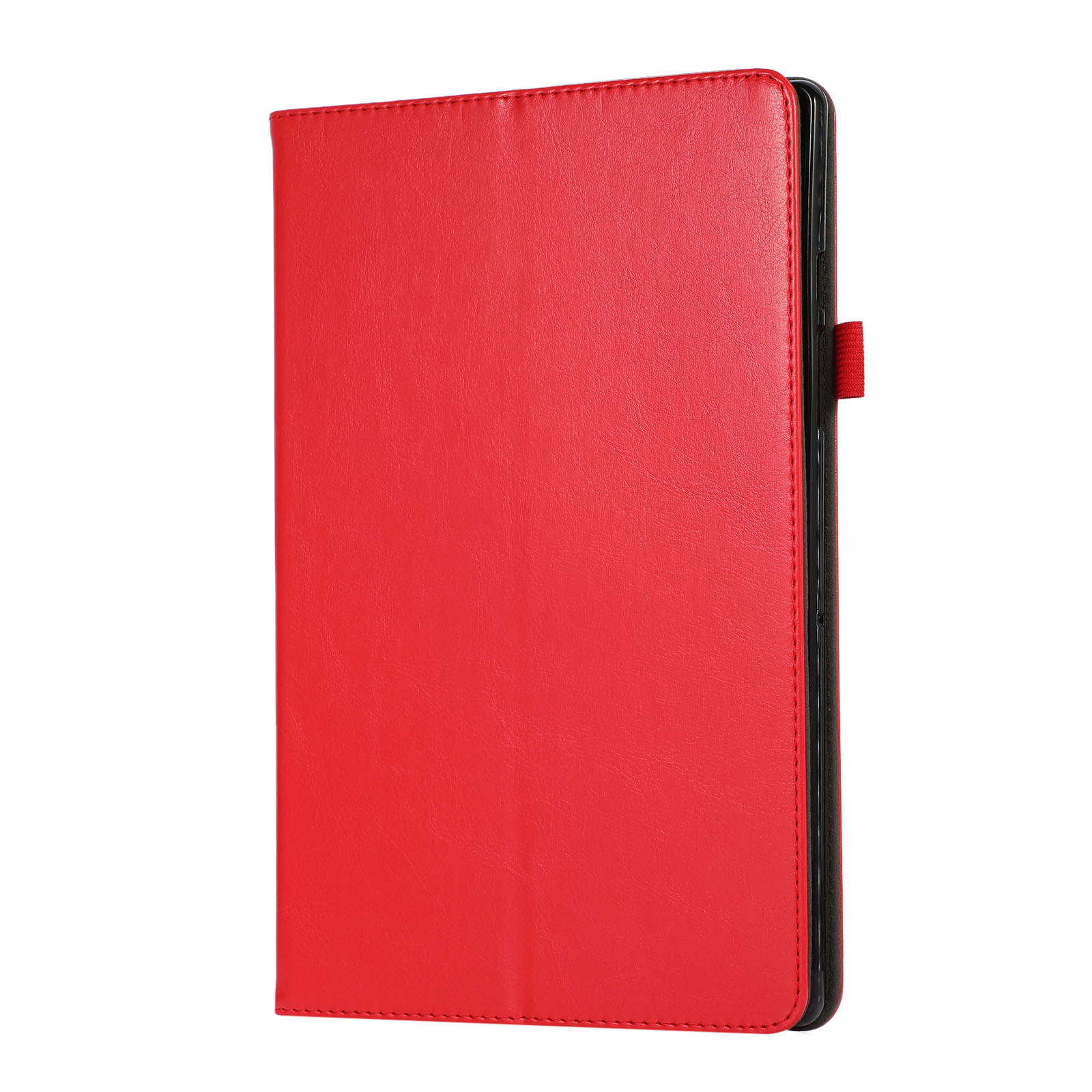 Rote Tablet-Hülle, geschlossen, mit schwarzem Innenraum und rotem Riemen.