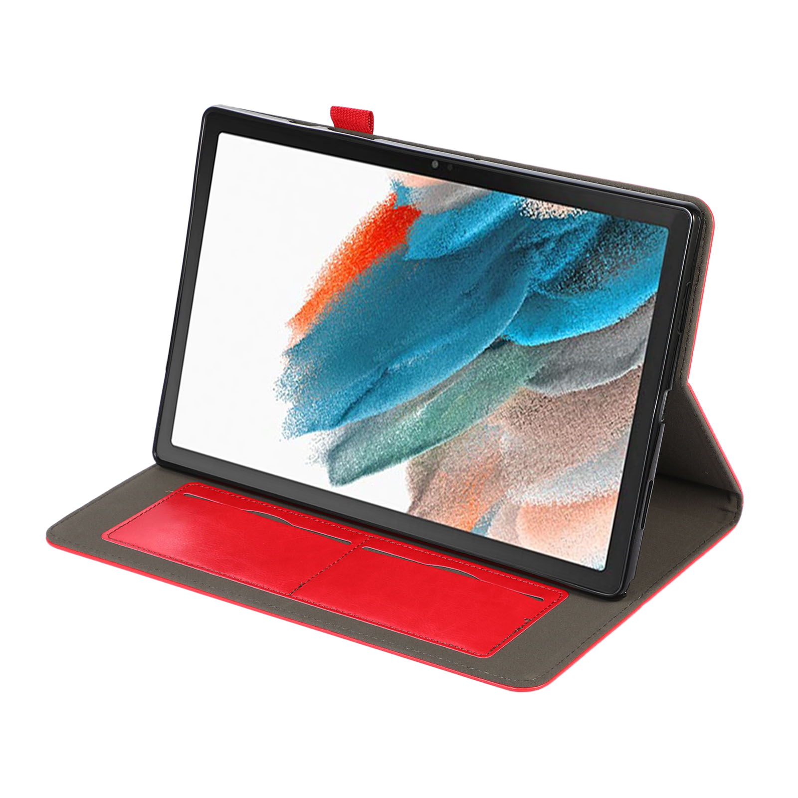 Ein Tablet in einer roten und grauen Hülle mit roter Innenausstattung und Kartenfächern.