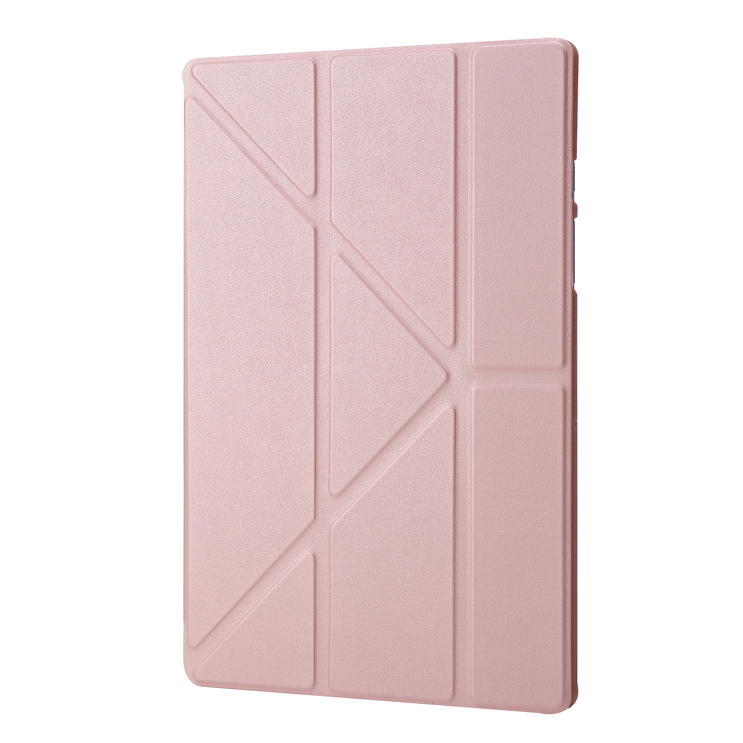 Rosa Tablet-Hülle, geschlossen. Es hat ein geometrisches Muster aus dreieckigen und rechteckigen Formen.