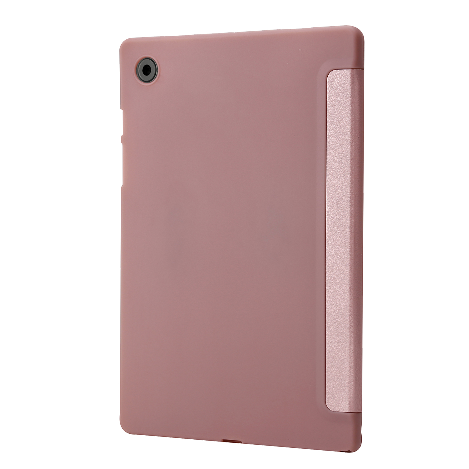 Tablet-Hülle, Rückansicht. Sie ist rosa mit einem ebenfalls rosa Ständerteil.