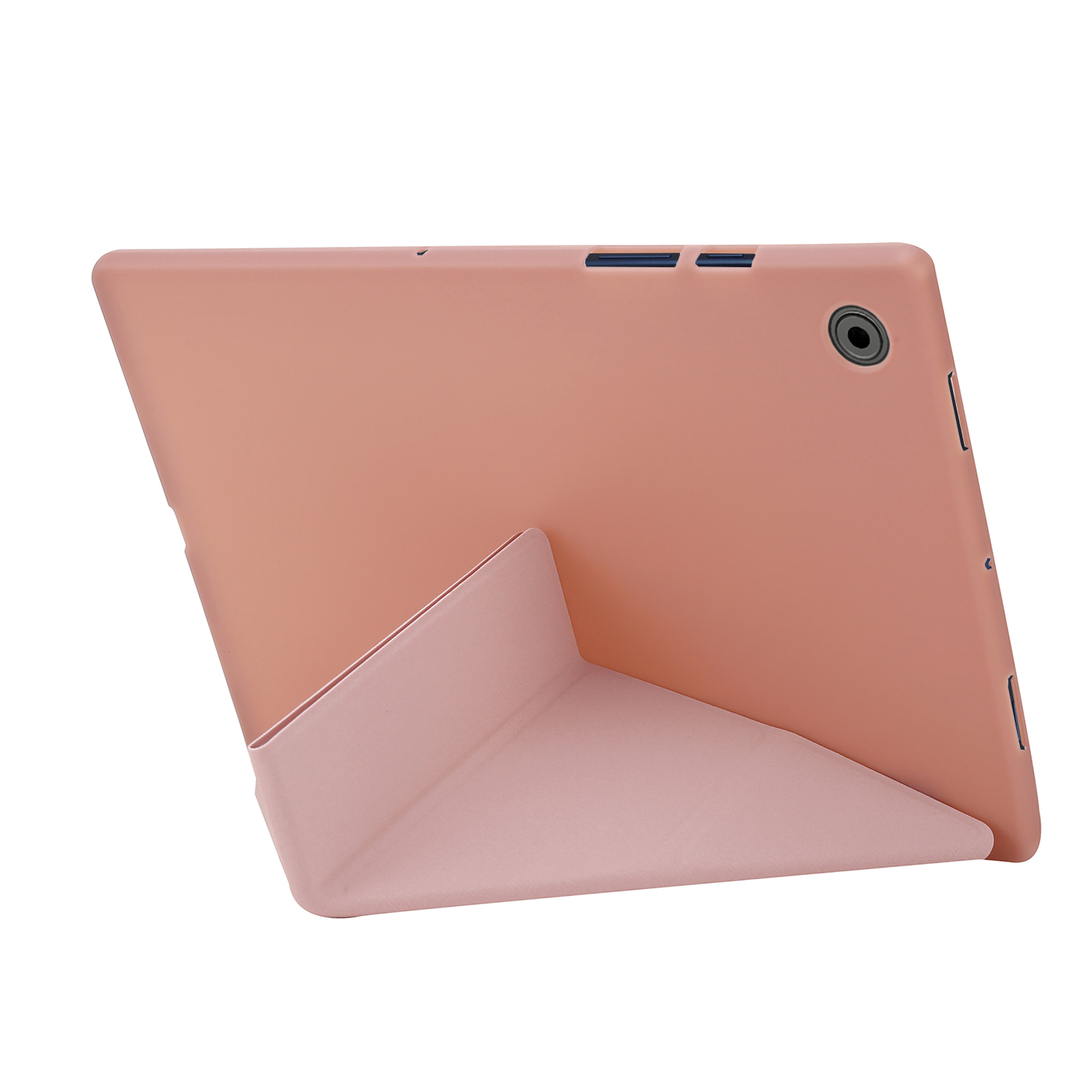 Rosa Tablet-Hülle mit Ständer. Der Ständer ist aufgestellt. Ein Tablet ist darin. Rosa Farbe.
