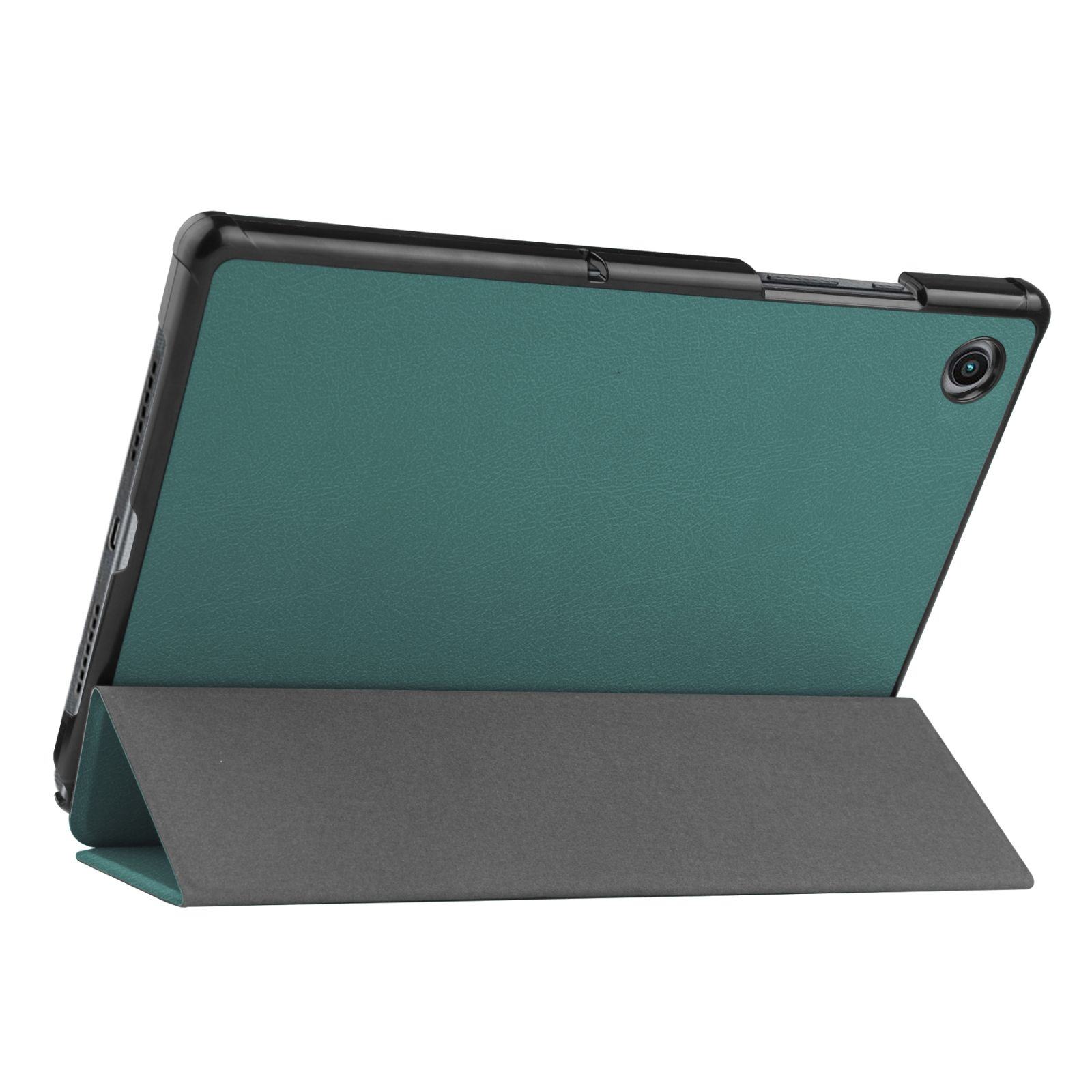 Grüne Tablet-Hülle mit grauem Ständer. Das Tablet steht auf dem Ständer und zeigt die Rückseite des Bildschirms.