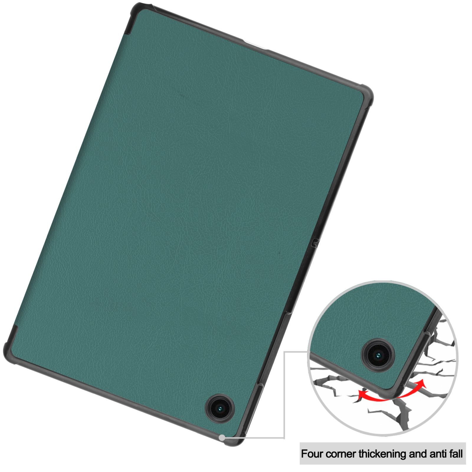 Grüne Tablet-Hülle mit Eckendetail. Ein Diagramm zeigt die Anti-Fall-Funktion der Hülle.