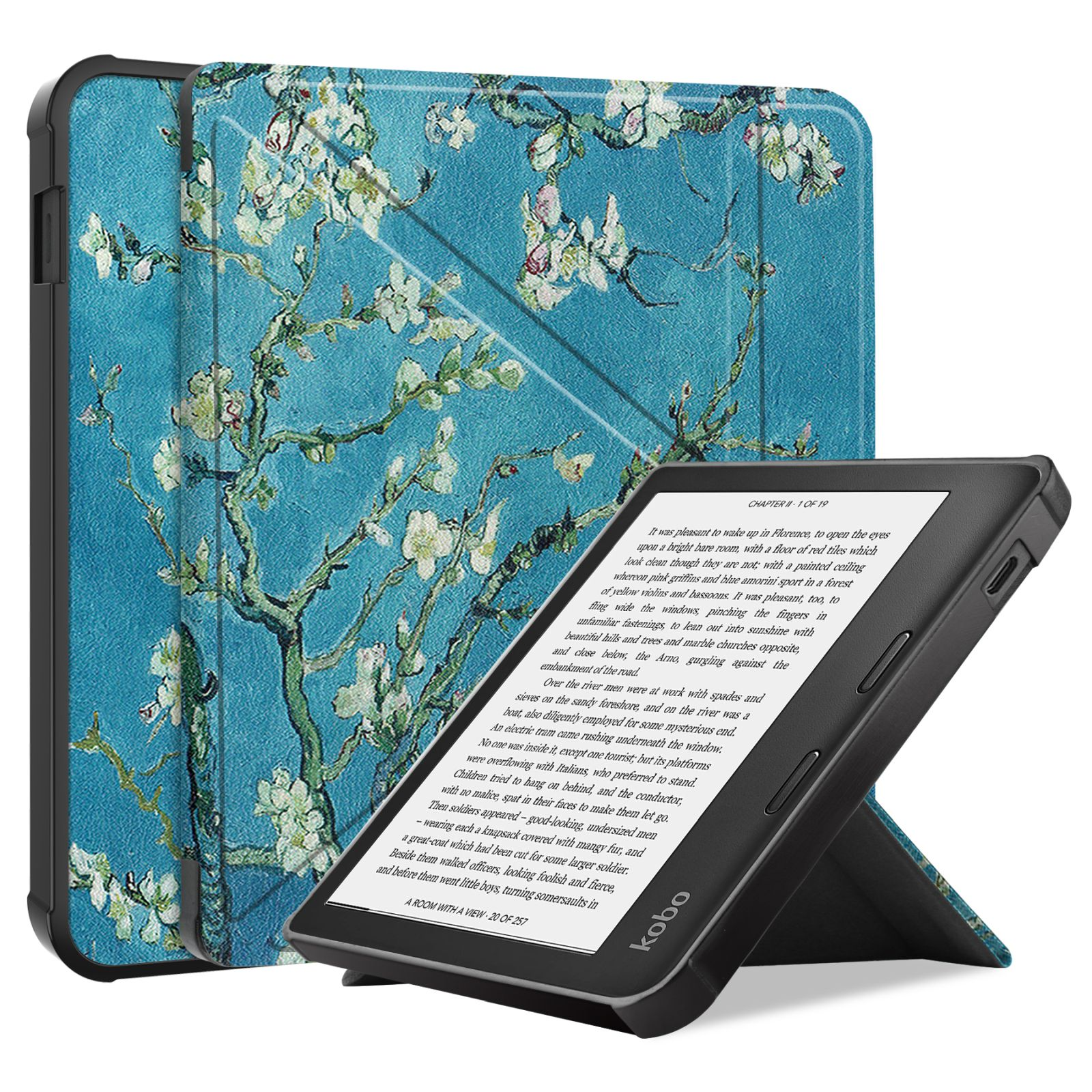 Ein Buchleser auf einer weißen Oberfläche. Es ist geöffnet, durch die Hülle abgestützt, und zeigt Text. Die Hülle hat ein Blumendesign.