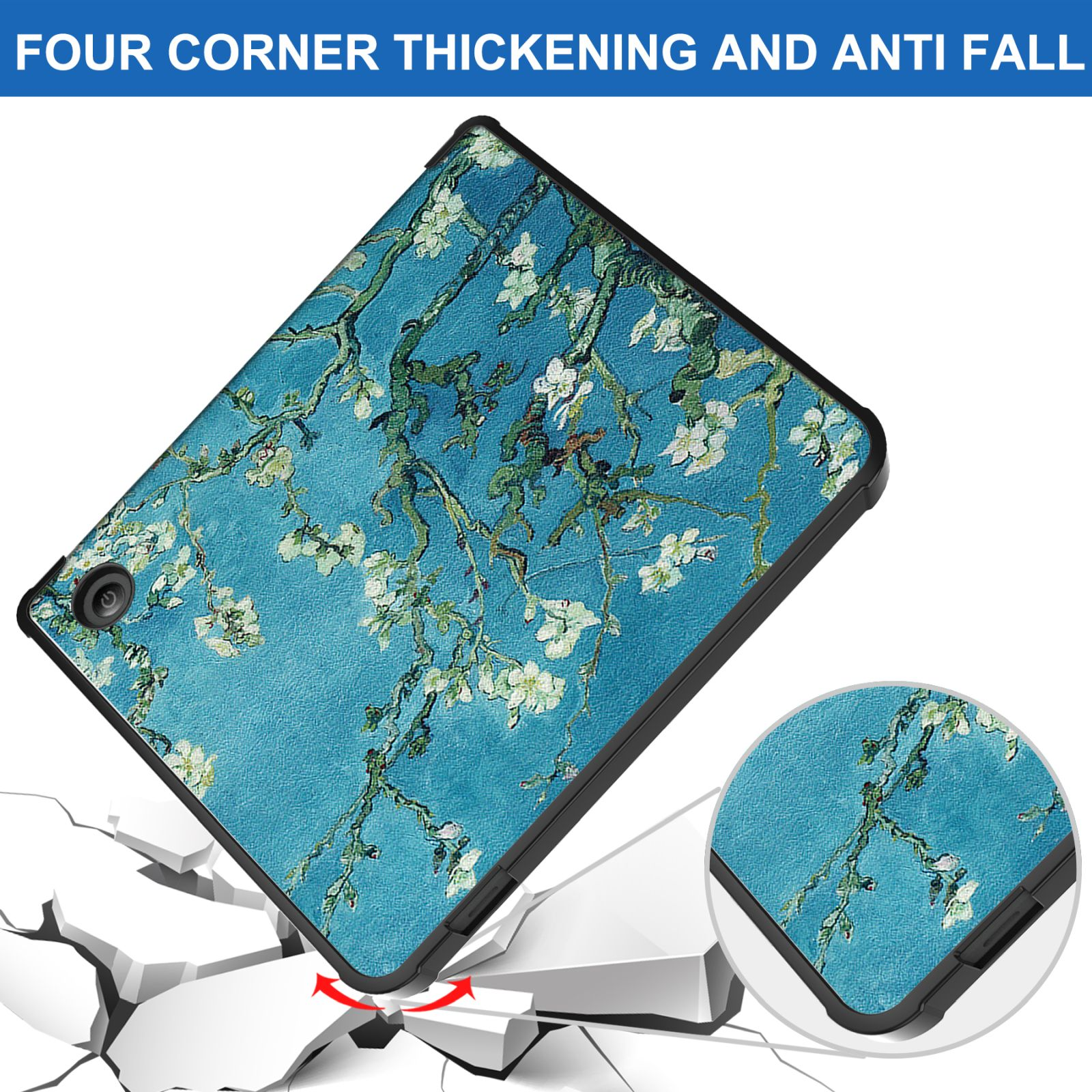 Tablet-Hülle mit floralem Design und Nahaufnahme der Ecke zum Schutz.