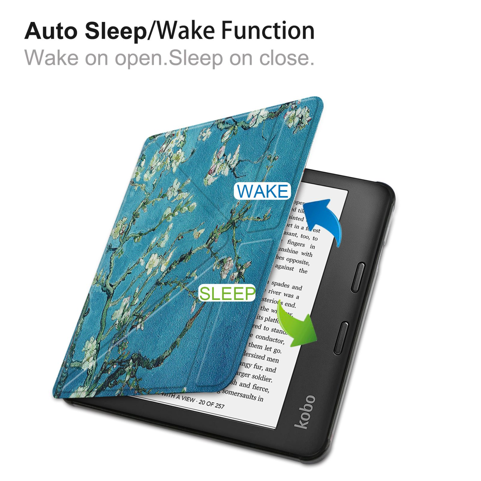 E-Reader mit blauem floralem Cover. Der E-Reader ist offen. Der Text auf dem Cover lautet Wake und Sleep.
