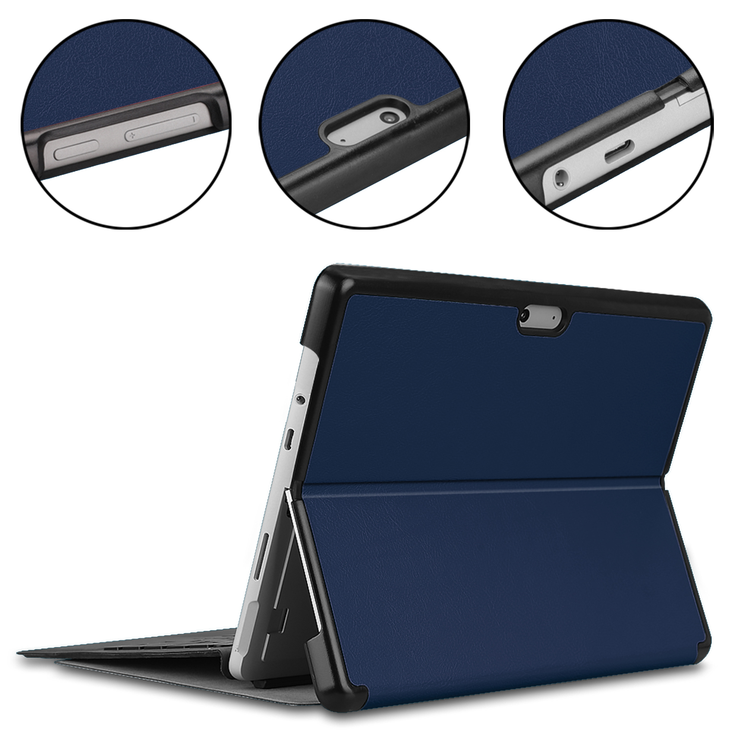 Blaue Tablet-Hülle mit Tastatur. Nahaufnahmen zeigen Details wie Tasten, Kamera und Ladeanschluss.